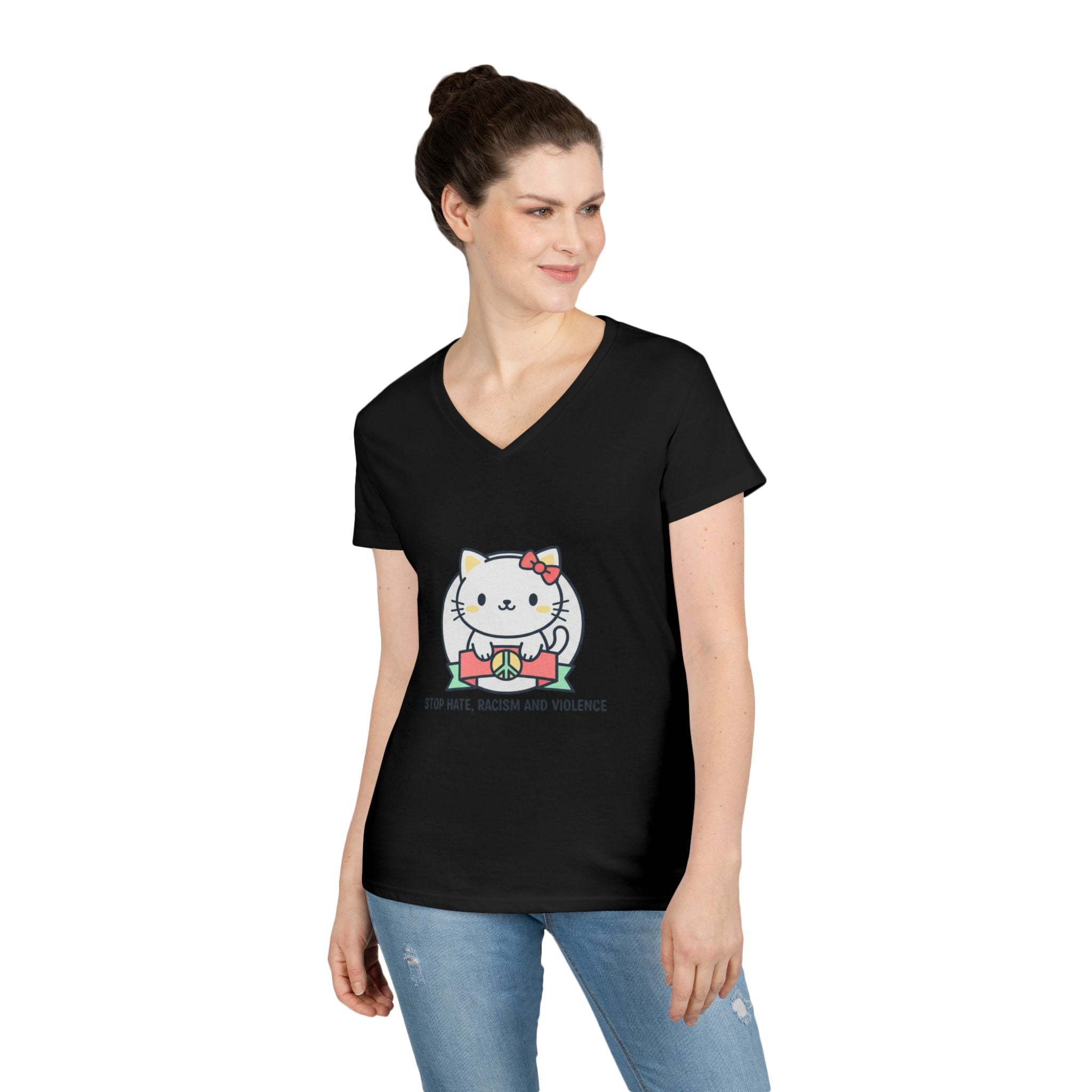 Stop Hate Kitty V-Neck Tee — Cute Anti-Racism Message Shirt