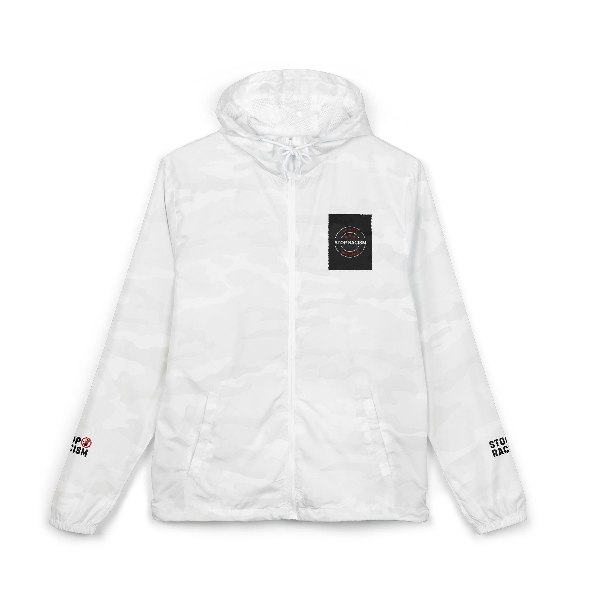 Windbreaker Jacket — Minimal White Camo Hooded Windbreaker with Small Chest Patch & Sleeve Logos