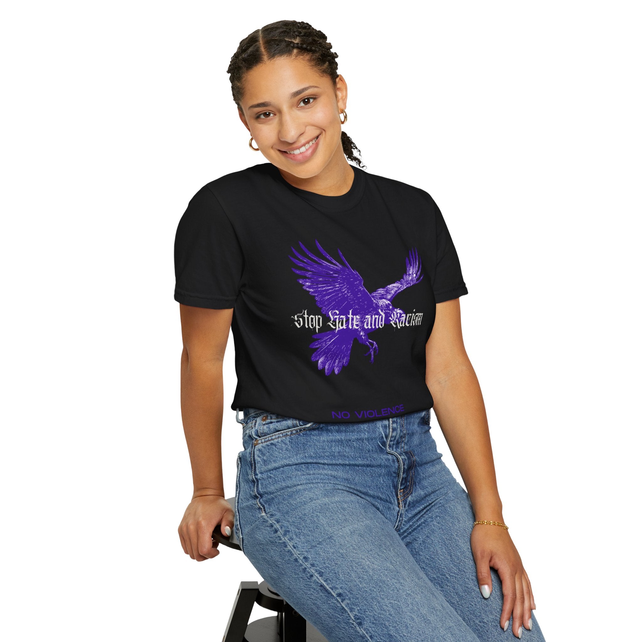 No Violence Raven T-Shirt — Purple Flying Crow Graphic Tee