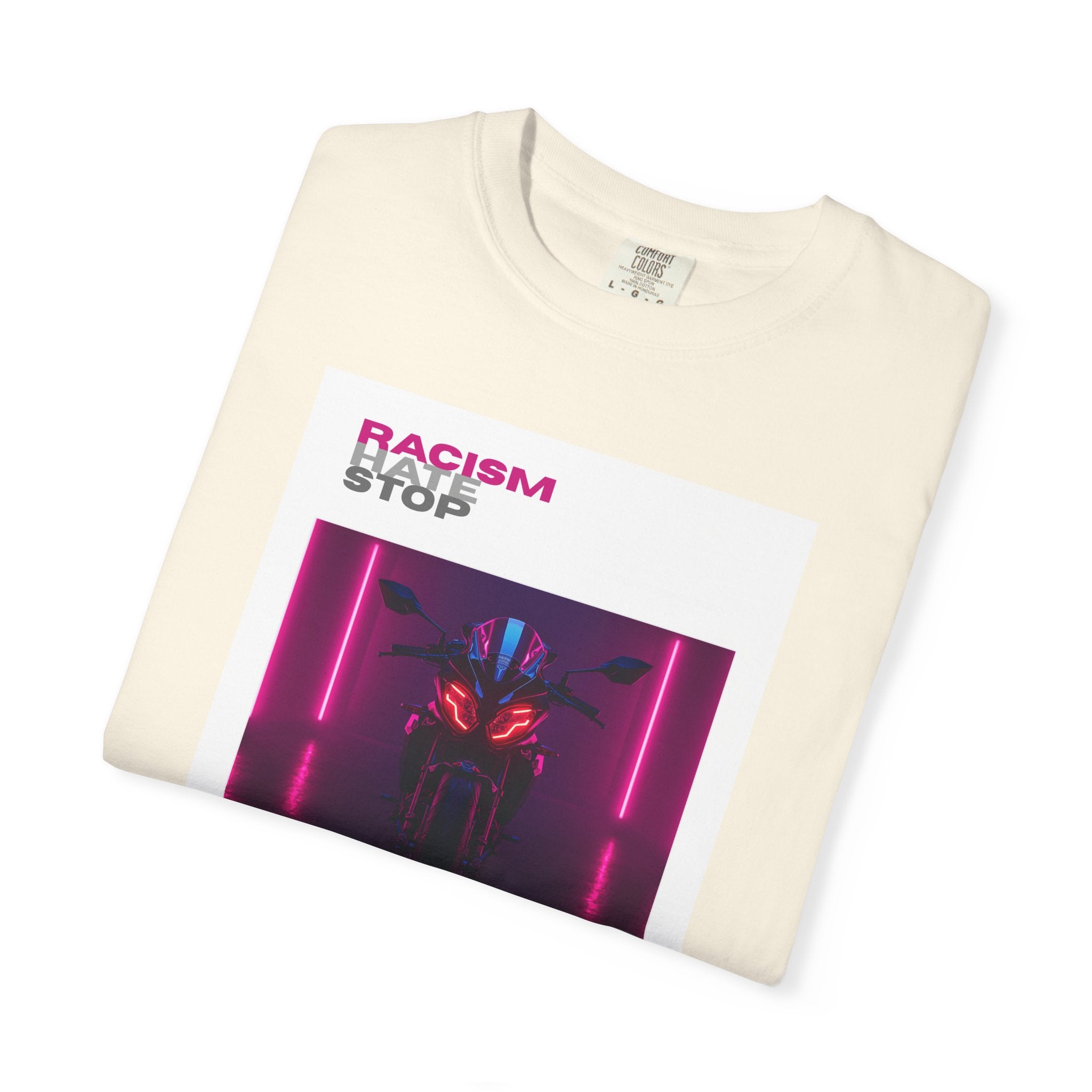 Anti-Racism Graphic T-Shirt — “Racism Stop” Neon Robot Design