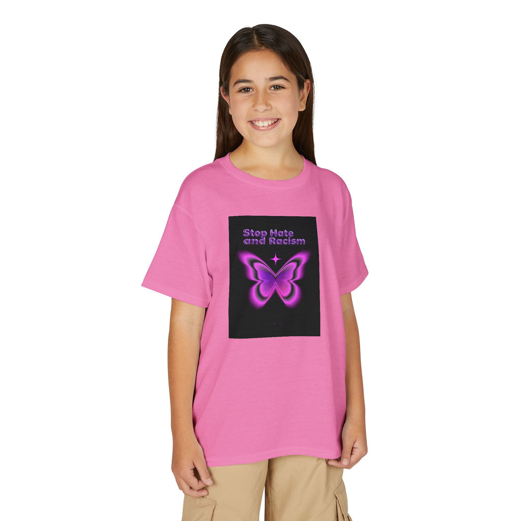 Youth T-Shirt — "Stop Hate and Racism" Pink Butterfly Anti-Racism Tee