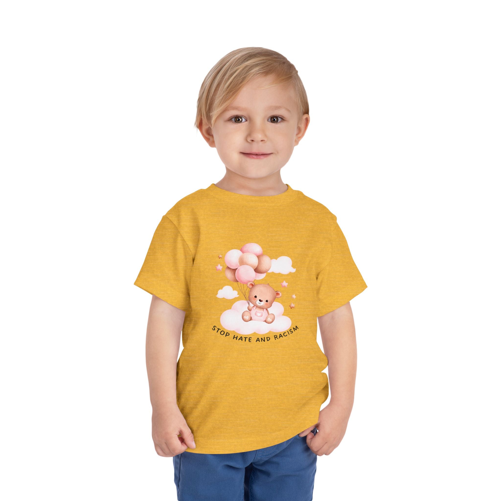 Toddler Tee — Cute Teddy with Balloons “Stop Hate and Racism”