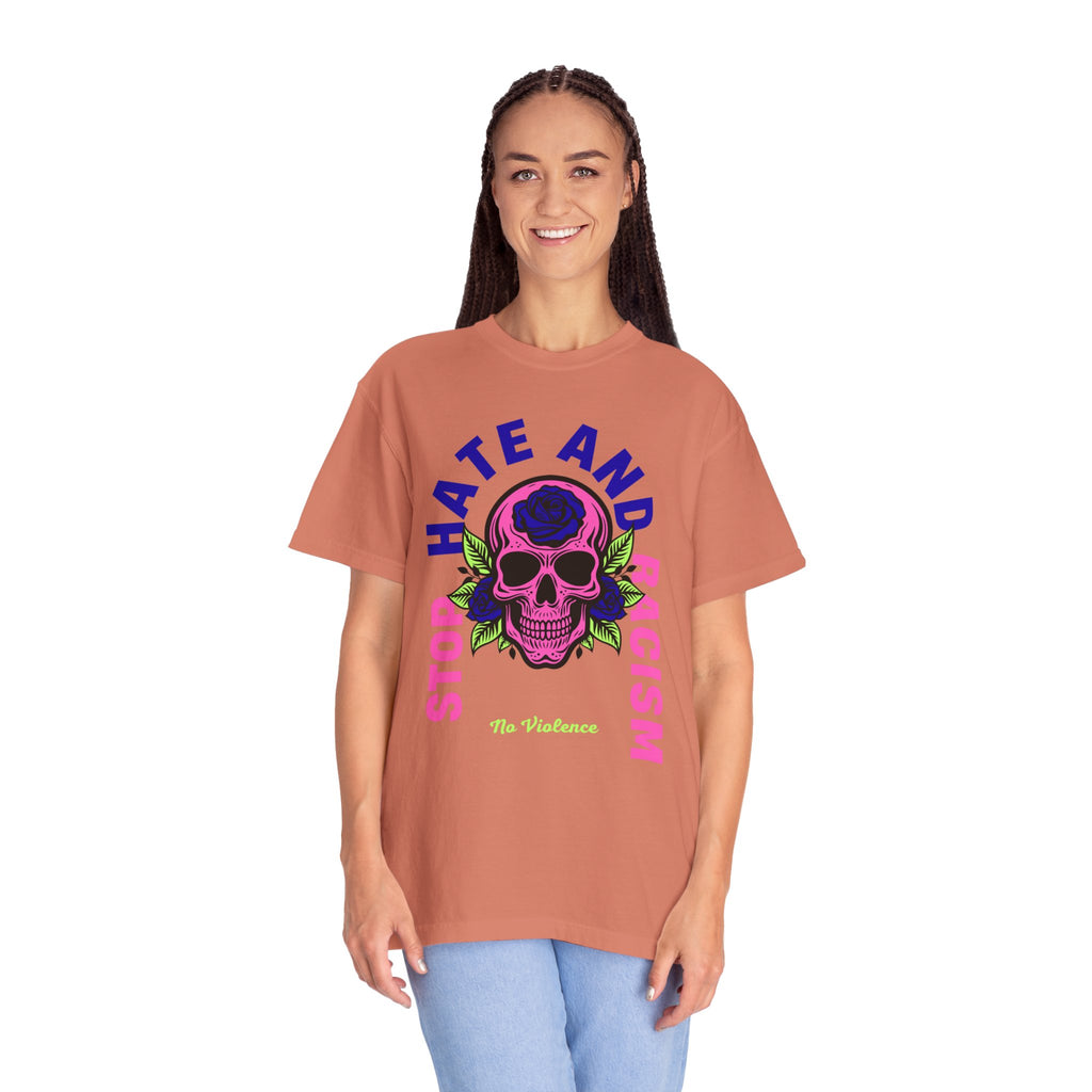 Stop Hate and Racism Skull T-Shirt — Anti-Racism Statement Tee