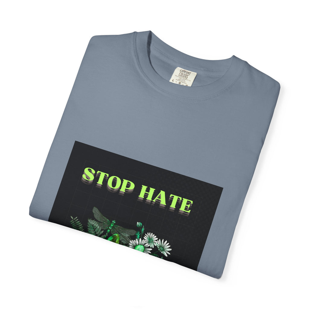 Stop Hate Skull T-Shirt — Green Floral Skull Graphic Tee