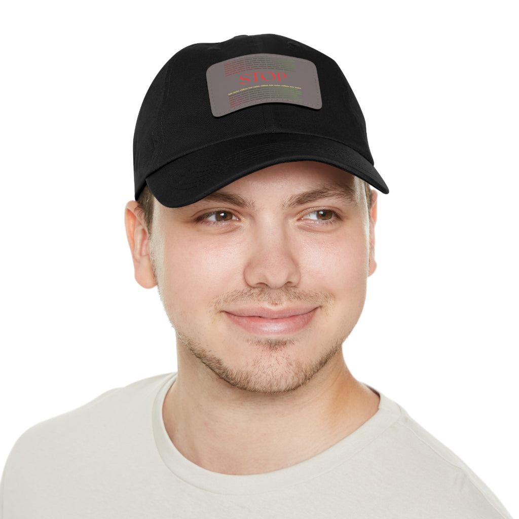 Leather Patch Dad Hat — 'STOP' Embossed Casual Baseball Cap