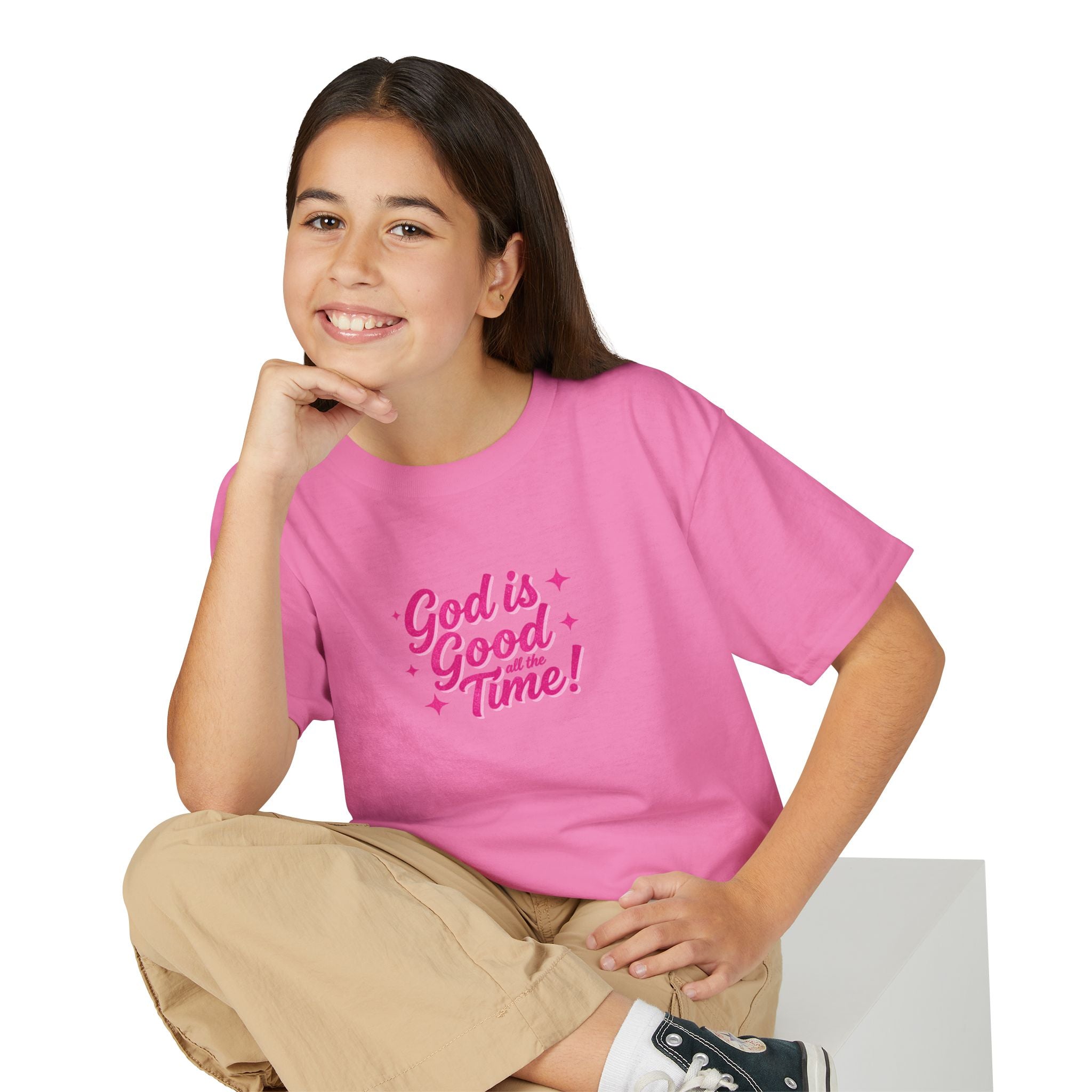 Youth T-Shirt — "God Is Good Time!" Pink Script Faith Tee