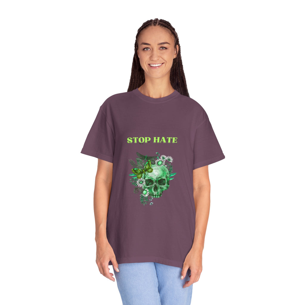 Stop Hate Skull T-Shirt — Green Floral Skull Graphic Tee