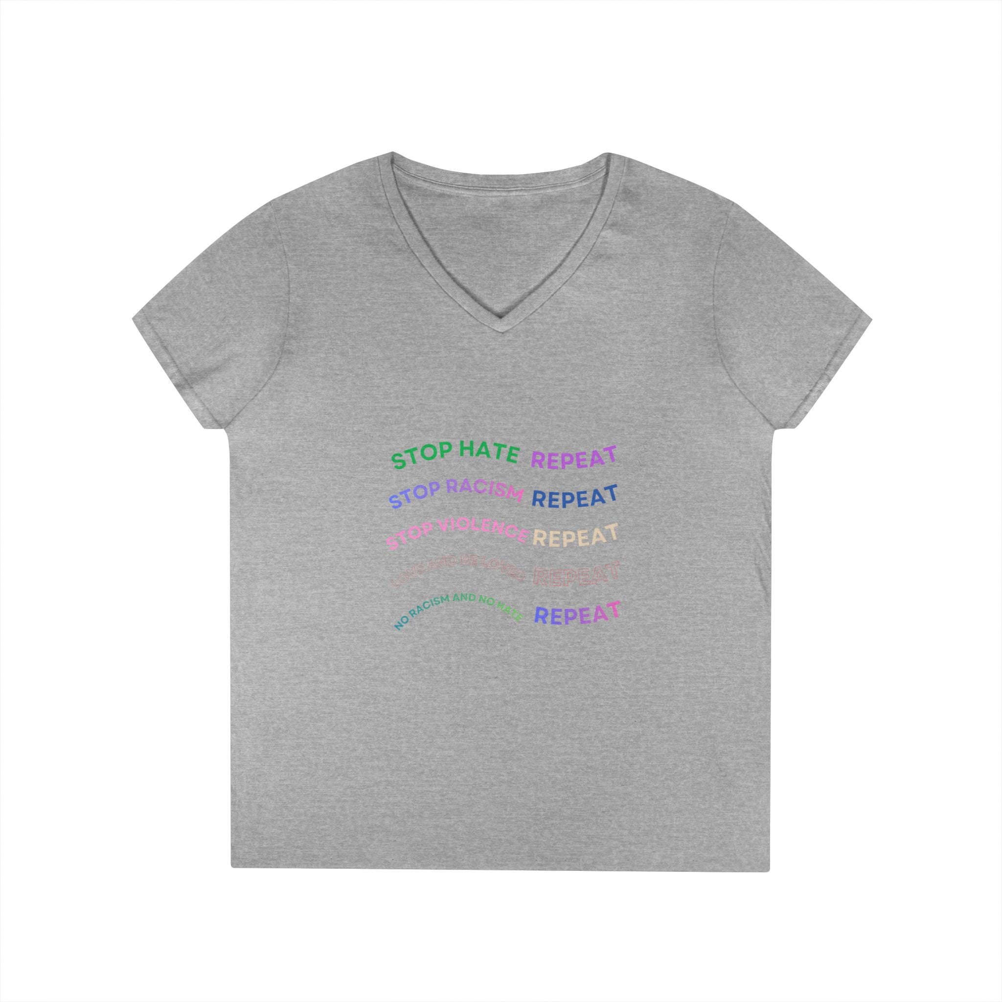 Ladies' V-Neck T-Shirt — "Stop Hate Repeat" Anti-Racism Message Tee