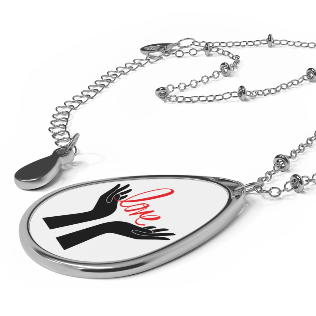 Love Hands Oval Necklace – Silver Teardrop Pendant with 'love' Script