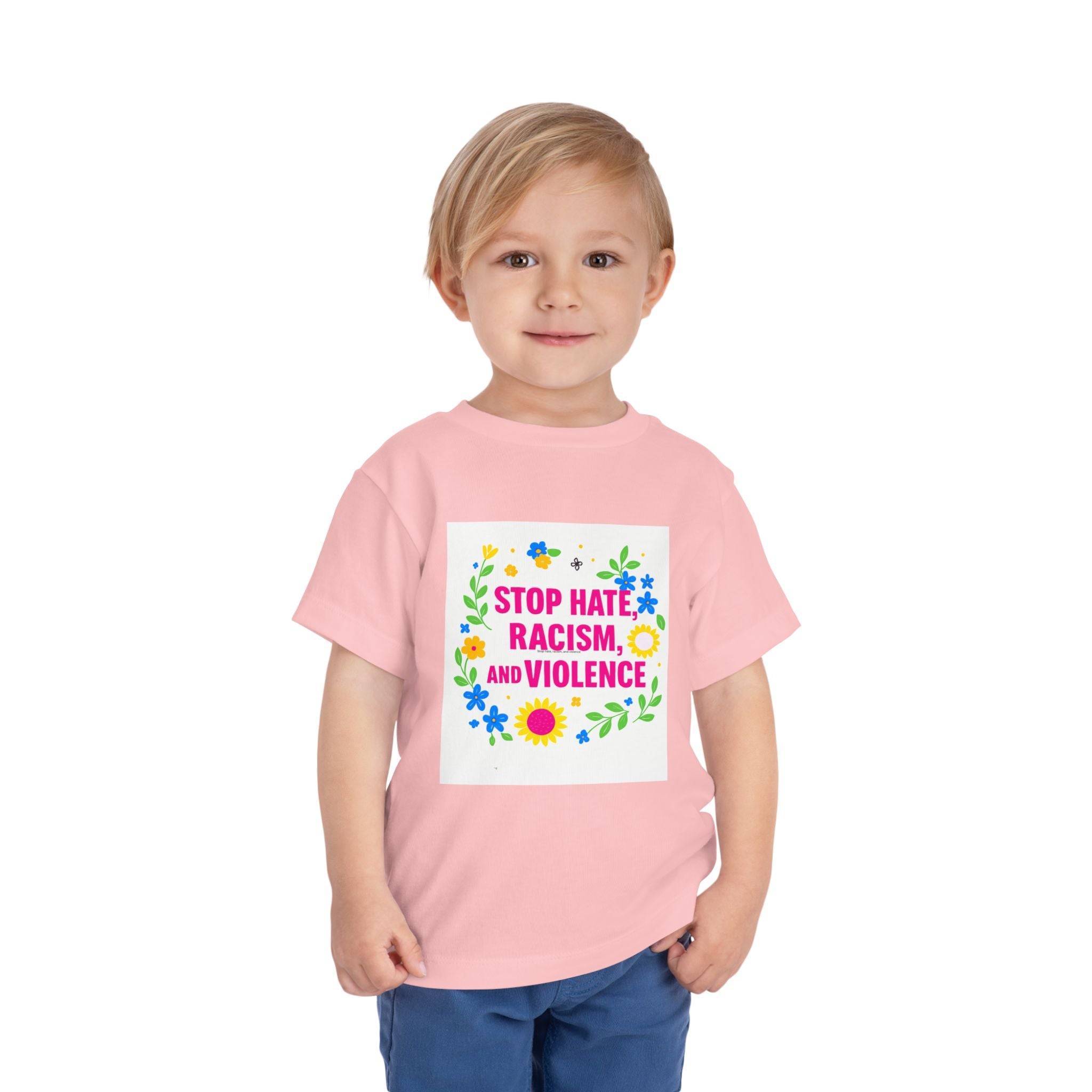 Toddler Tee — "Stop Hate, Racism, and Violence" Floral Anti-Racism Kids Shirt