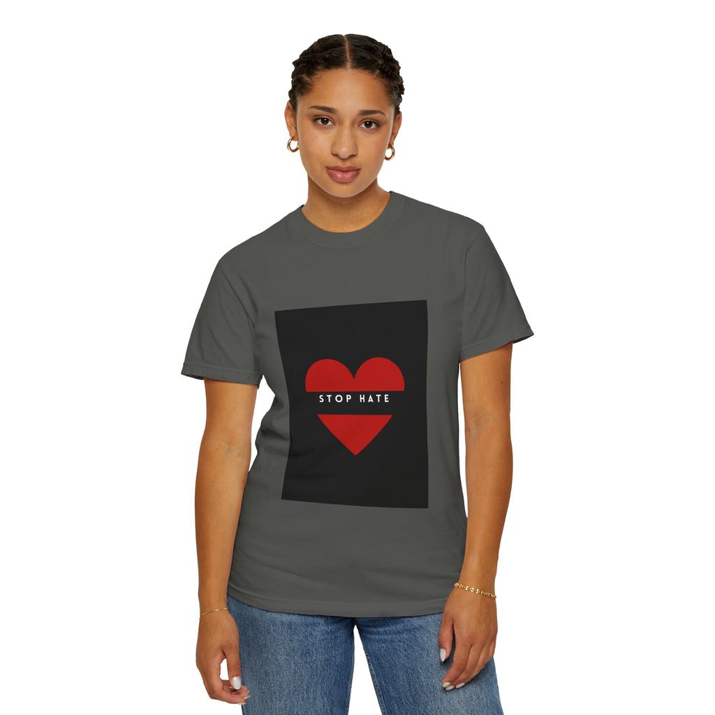 Stop Hate Heart T-Shirt — Red Heart Graphic Tee for Anti-Hate Awareness
