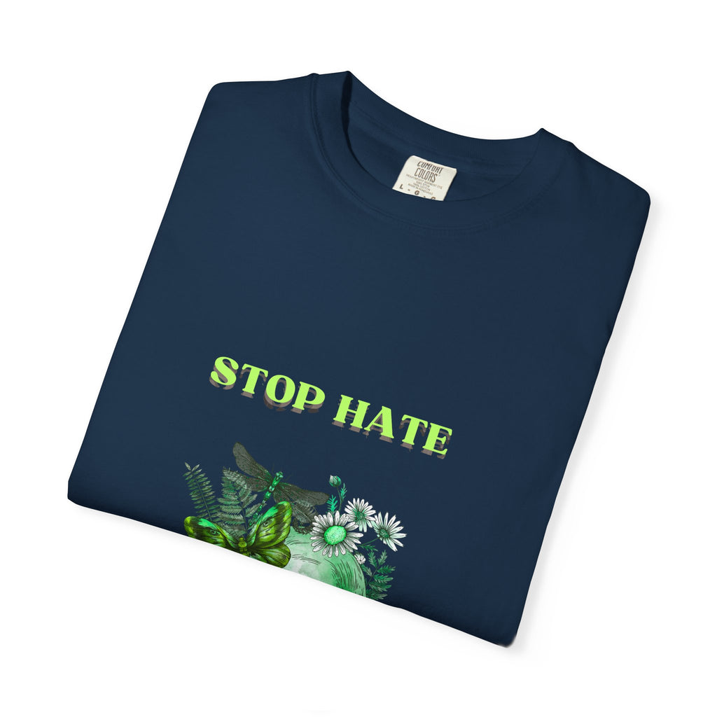Stop Hate Skull T-Shirt — Green Floral Skull Graphic Tee