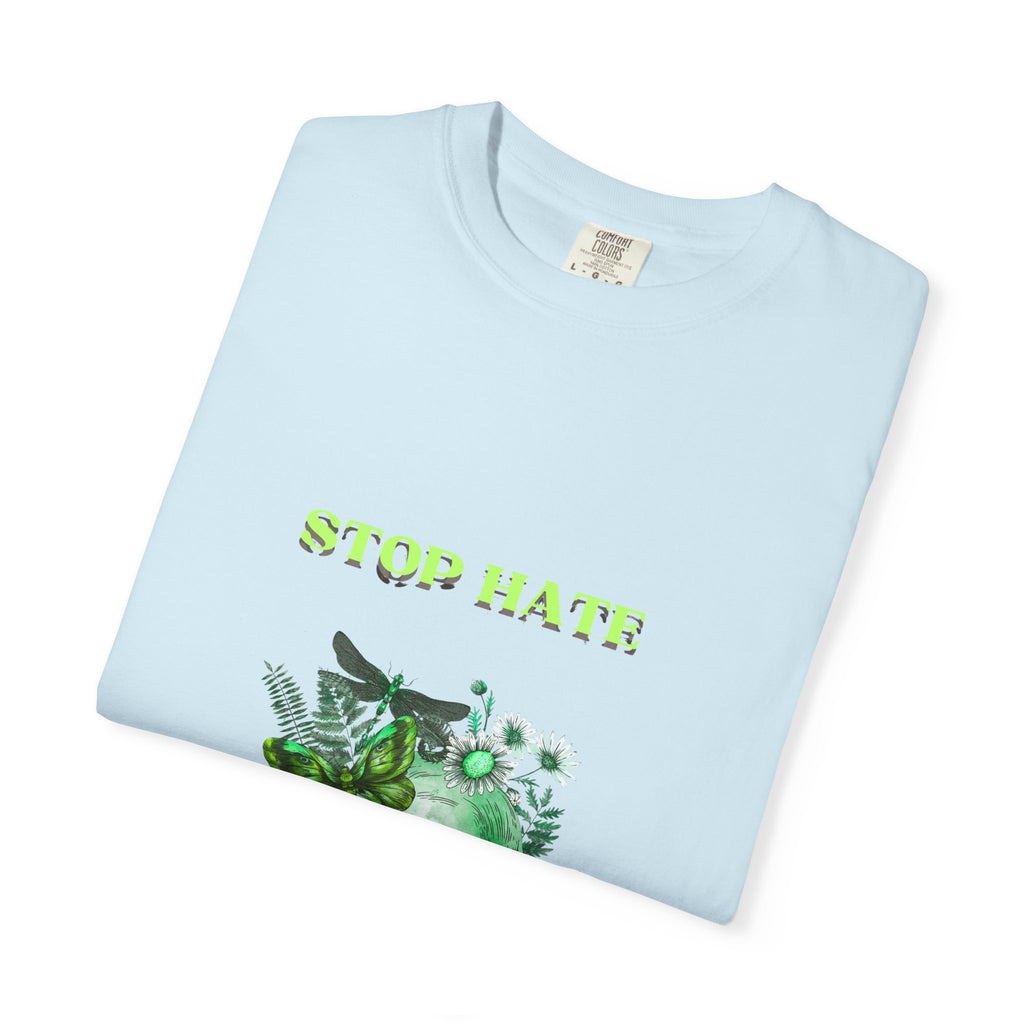 Stop Hate Skull T-Shirt — Green Floral Skull Graphic Tee