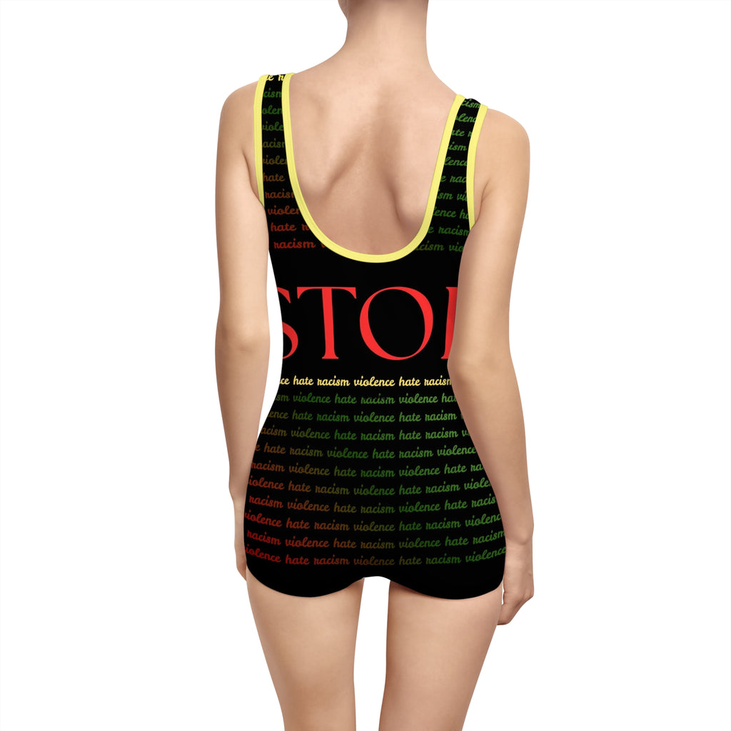 Vintage "Stop Racism" One-Piece Swimsuit — Retro Activist Bathing Suit