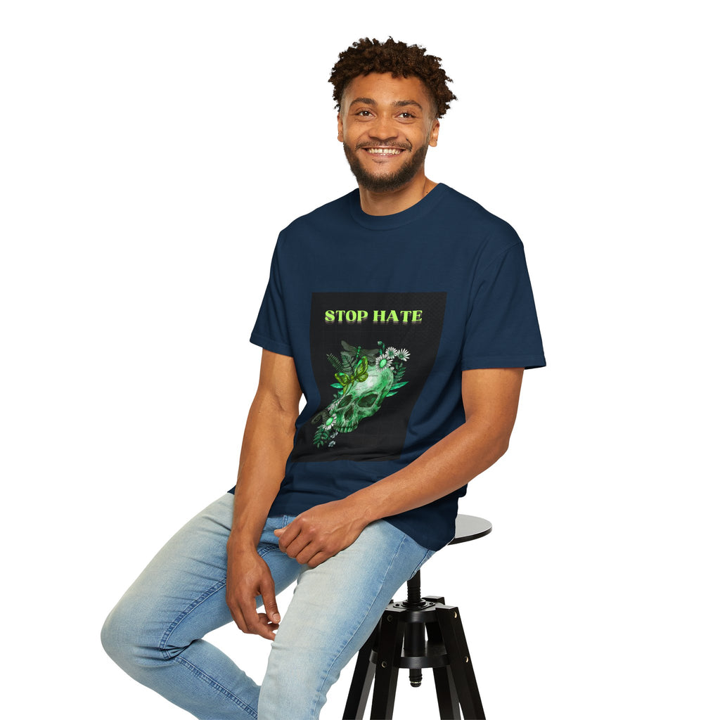 Stop Hate Skull T-Shirt — Green Floral Skull Graphic Tee