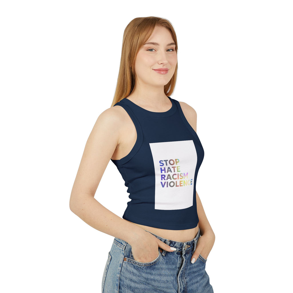 Racer Tank — "STOP HATE RACISM VIOLENCE" Rainbow Social Justice Crop