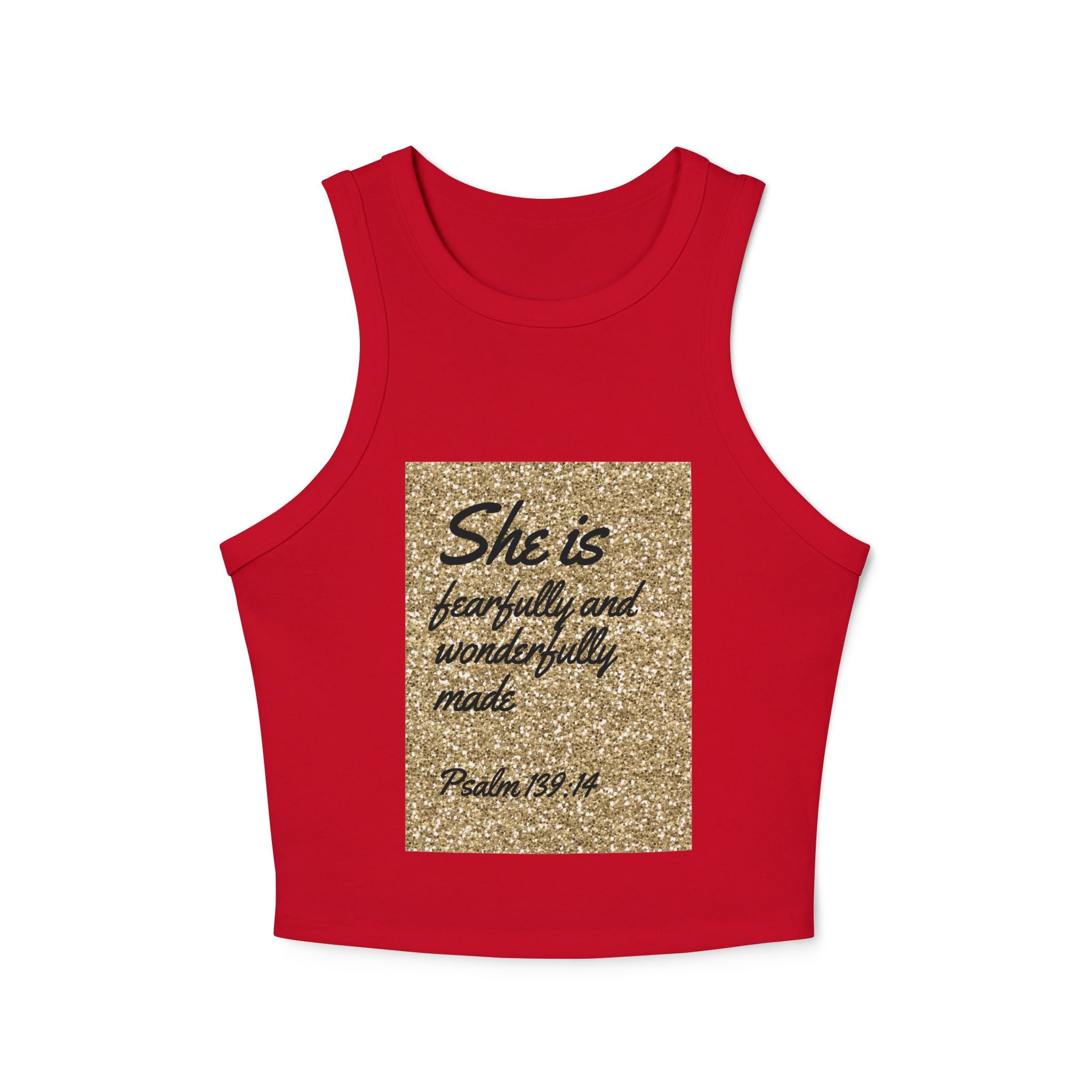 Racer Tank — "She is fearfully and wonderfully made" Gold Psalm 139:14 Inspirational Tank