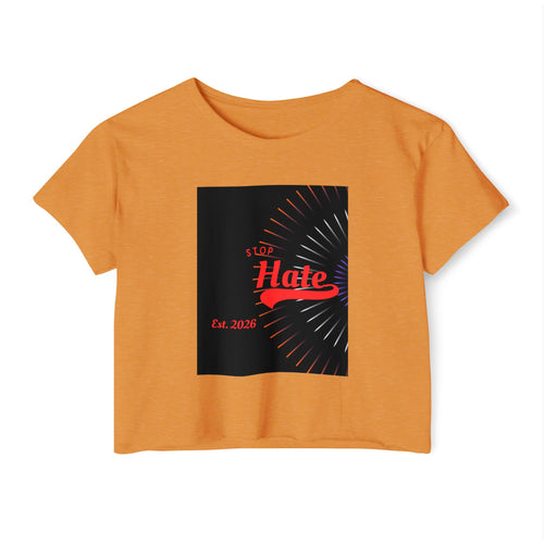 Crop Top — 'Stop Hate' Festival Crop Top, Retro Red Script Graphic