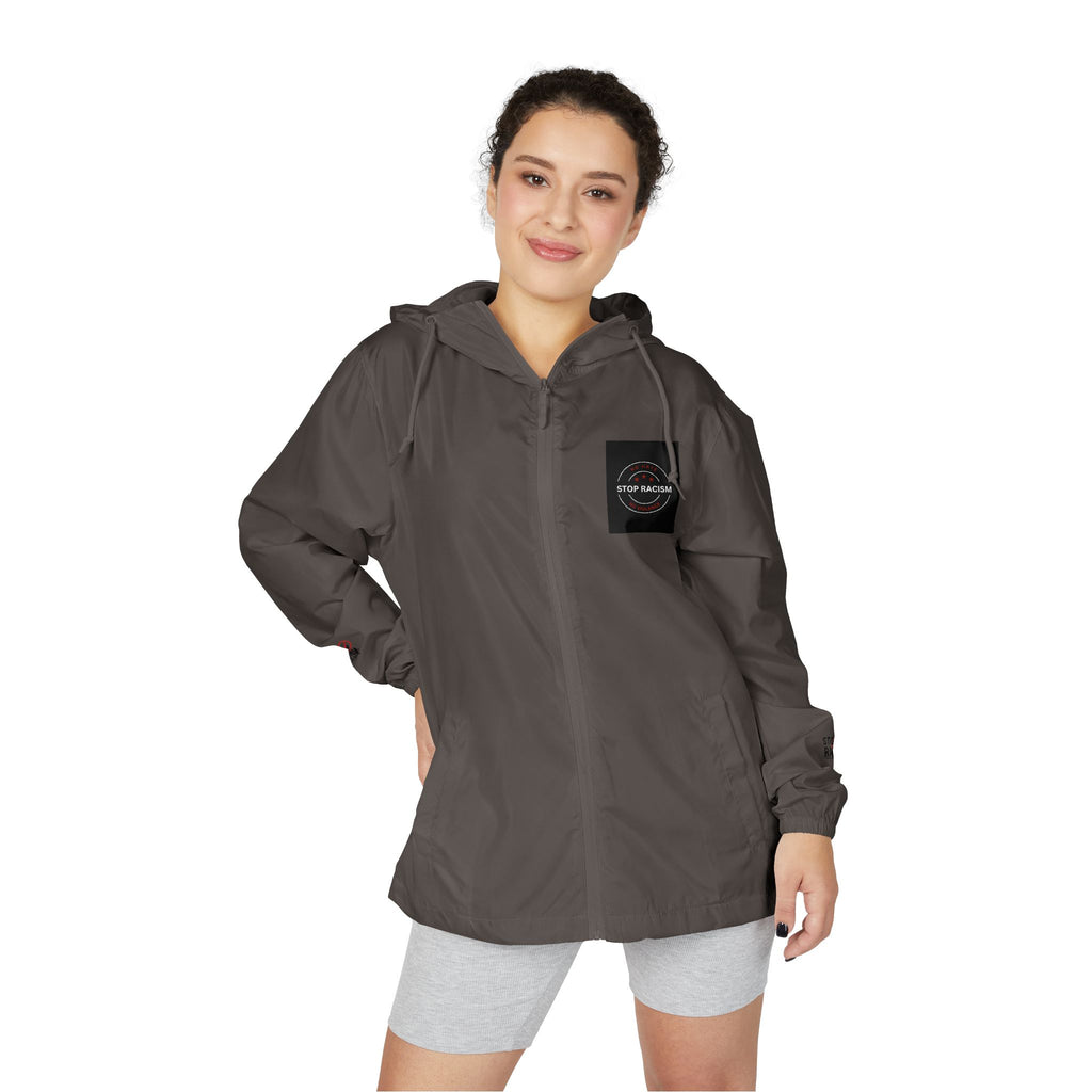 Windbreaker Jacket — Minimal White Camo Hooded Windbreaker with Small Chest Patch & Sleeve Logos