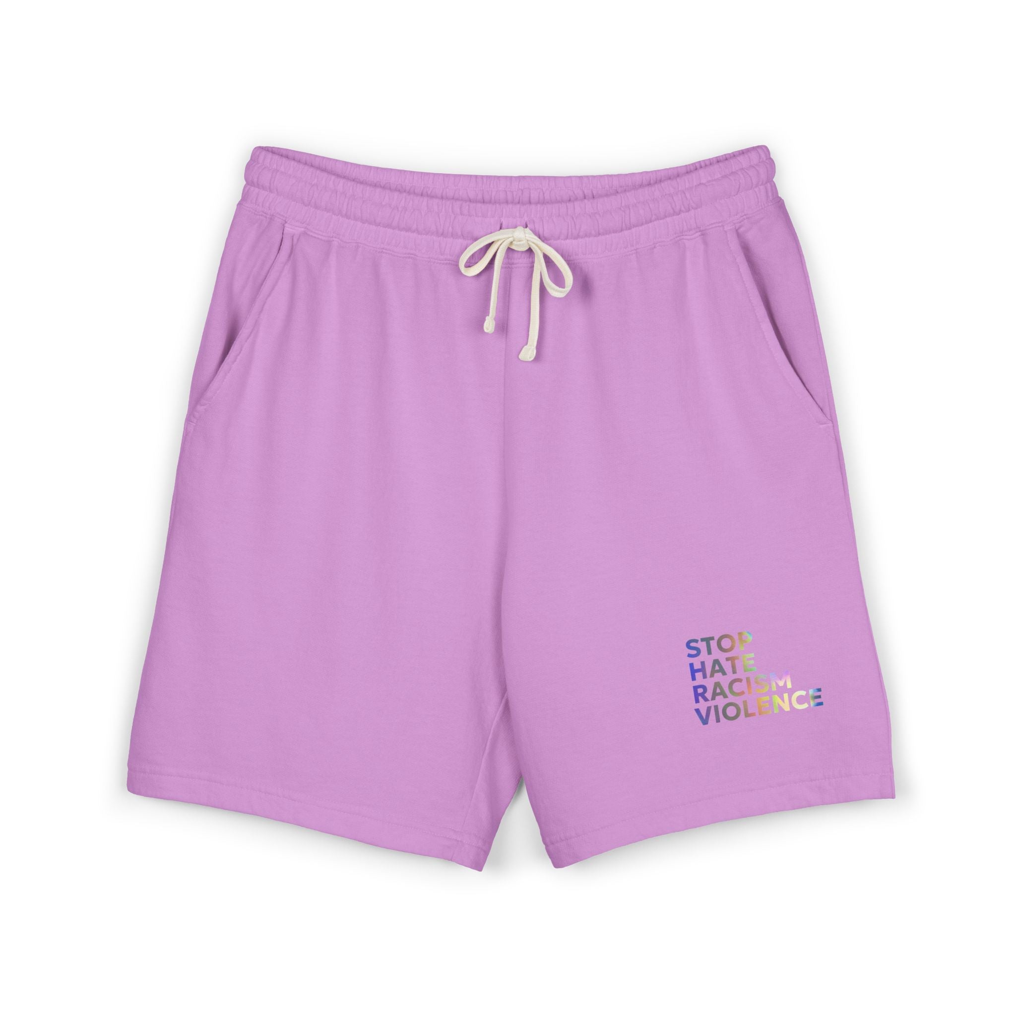 Stop Hate Shorts — Lightweight Fleece Sweat Shorts with "Stop Hate Racism and Violence" Print