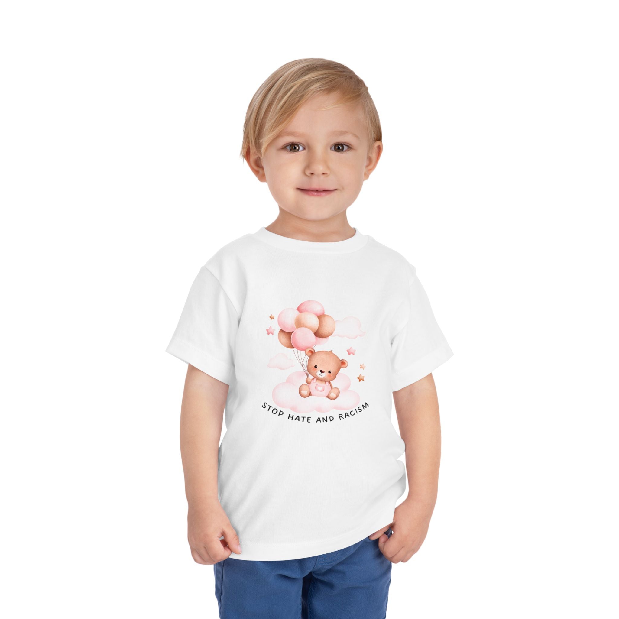 Toddler Tee — Cute Teddy with Balloons “Stop Hate and Racism”