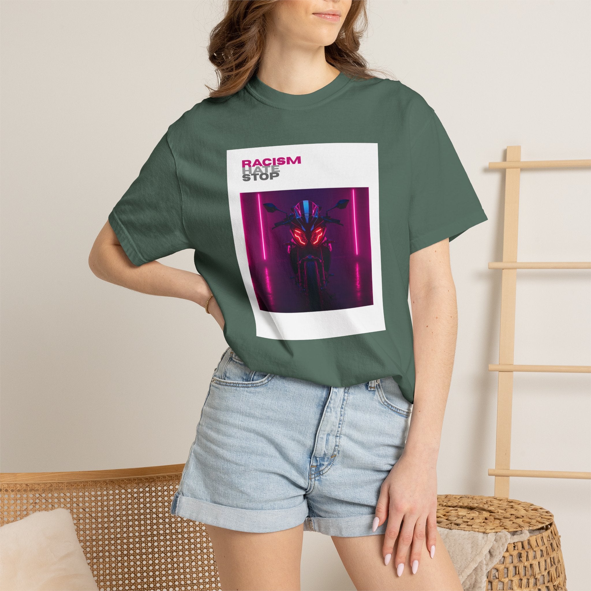 Anti-Racism Graphic T-Shirt — “Racism Stop” Neon Robot Design