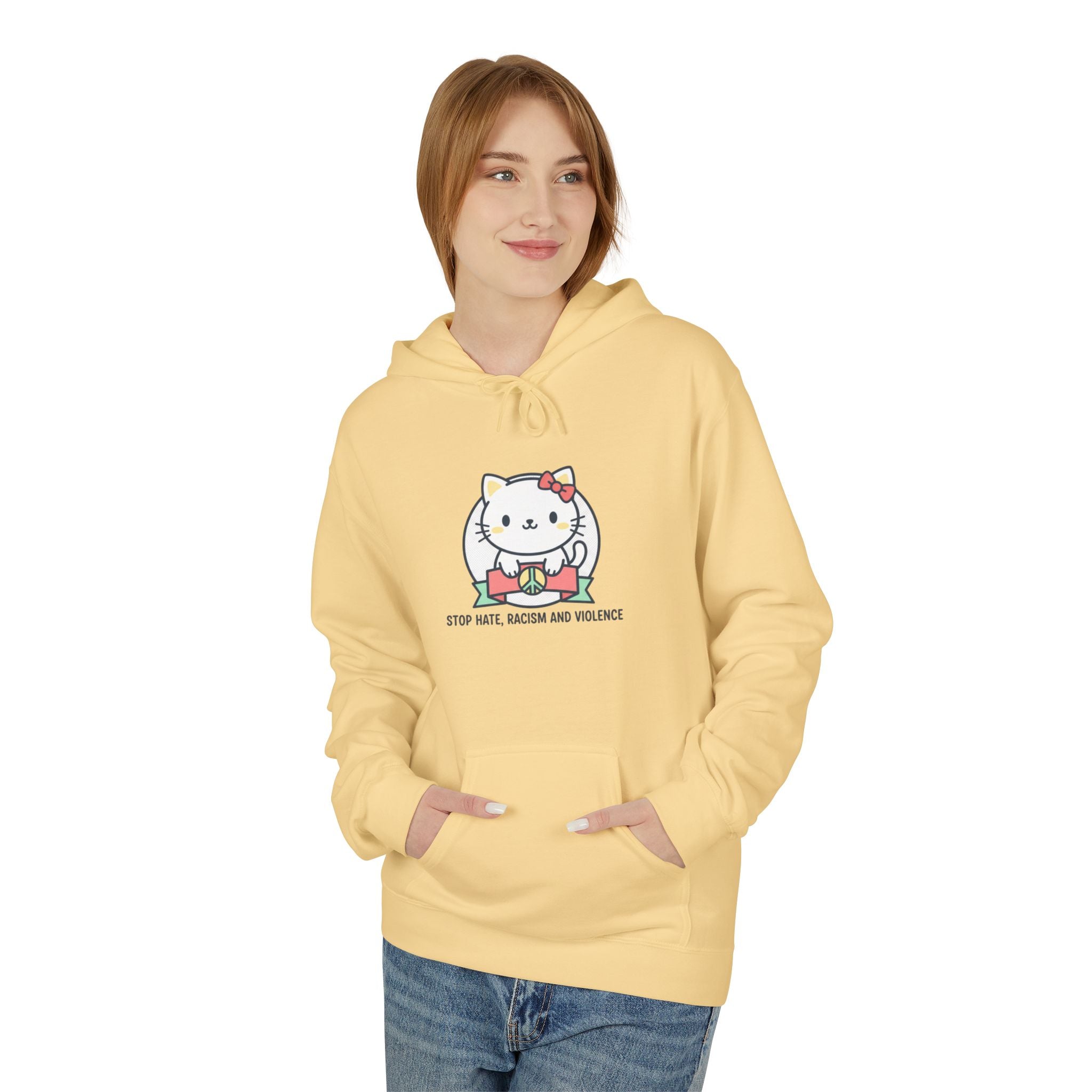 Stop Hate, Racism and Violence Cat Hoodie — Cute Anti-Racism Graphic Hoodie