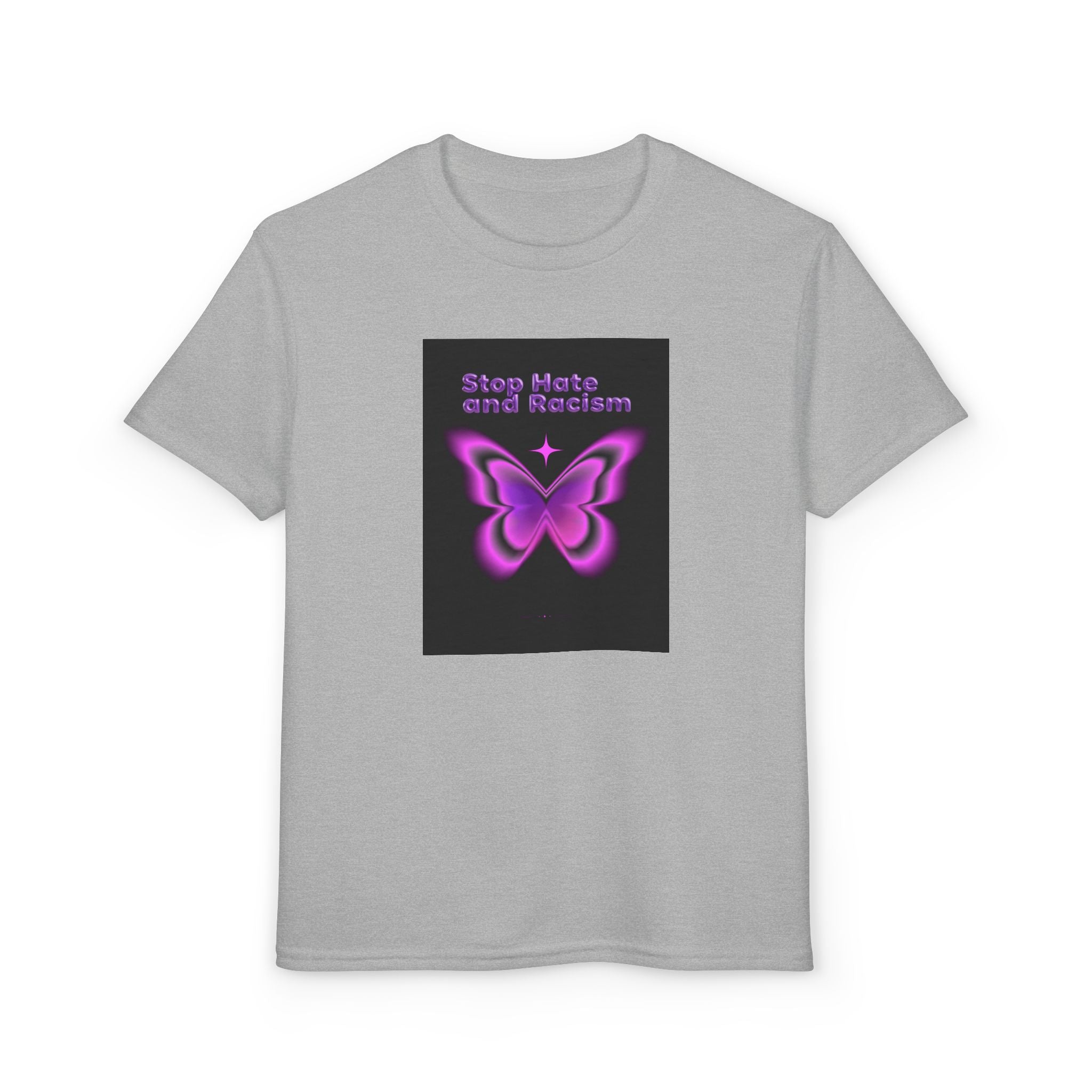 Youth T-Shirt — "Stop Hate and Racism" Pink Butterfly Anti-Racism Tee