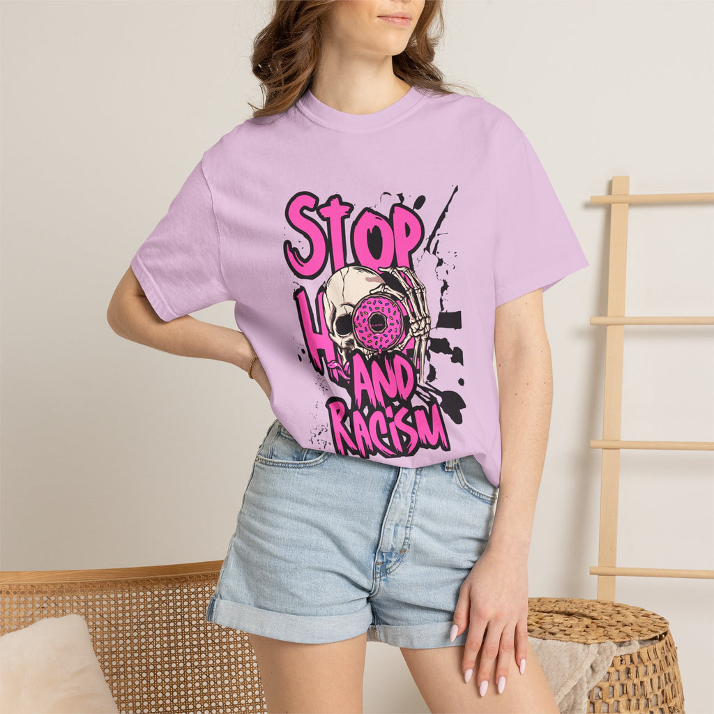 Stop H8 and Racism Graphic Tee — Anti-Racism Skull Donut Protest T-Shirt