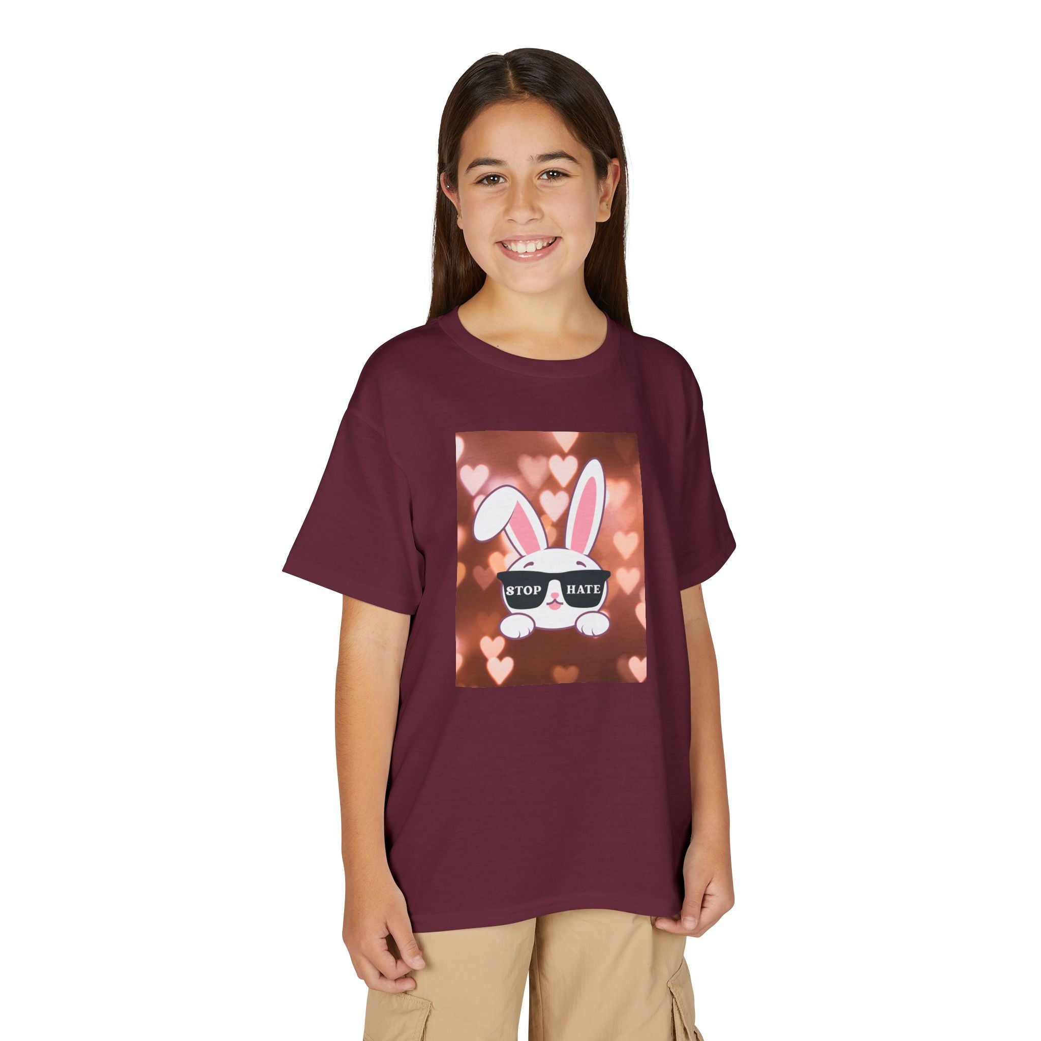 Youth T-Shirt — Cute Bunny with 'Stop the Hate' Sunglasses | Kids Anti-Bullying Tee