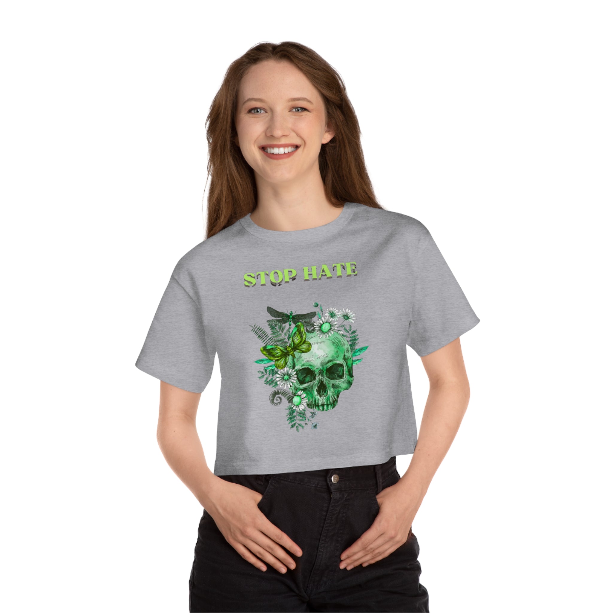 Stop Hate Skull Crop Tee — Women's Green Floral Peace Graphic