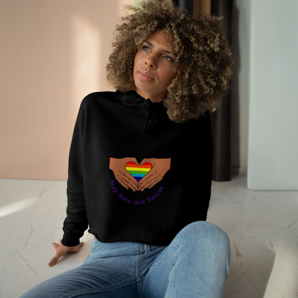 Cropped Hoodie — Rainbow Heart Hands "Stop Hate and Resist" LGBTQ+ Pride