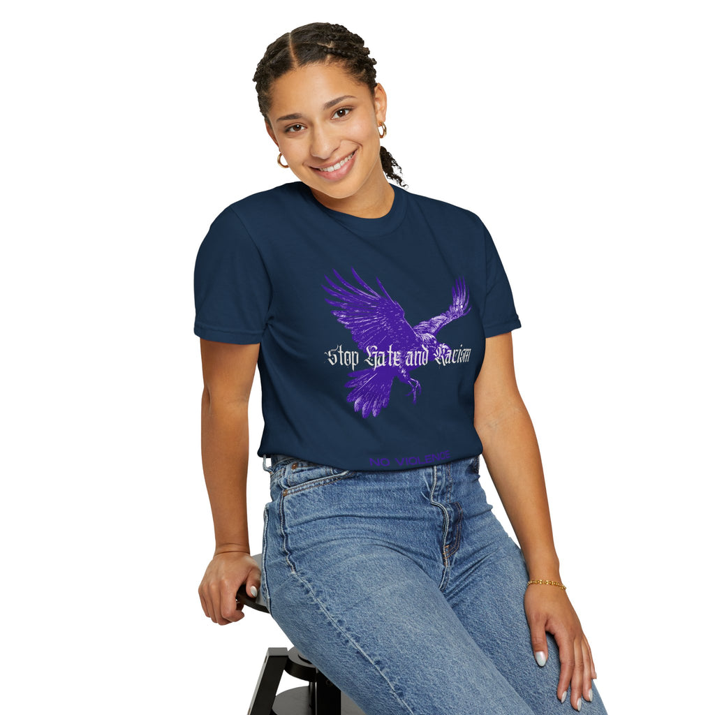 No Violence Raven T-Shirt — Purple Flying Crow Graphic Tee