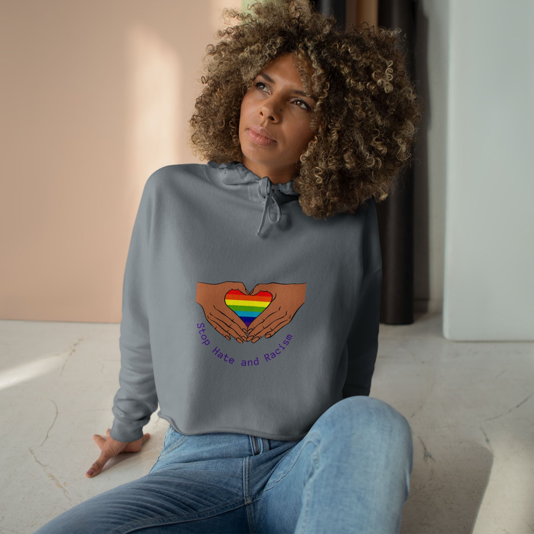 Cropped Hoodie — Rainbow Heart Hands "Stop Hate and Resist" LGBTQ+ Pride