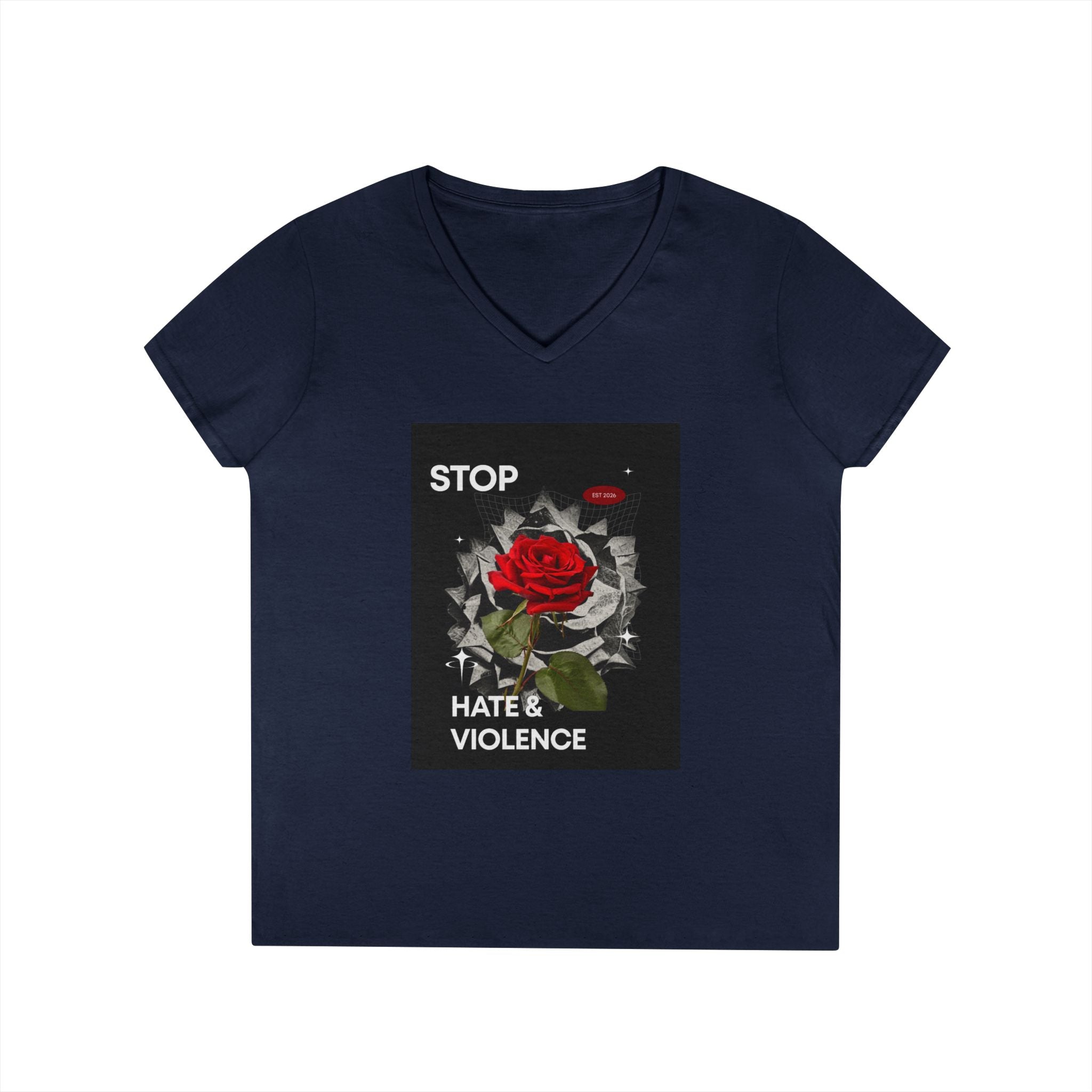 Stop Hate & Violence Women's V-Neck T-Shirt — Red Rose Peace Graphic Tee