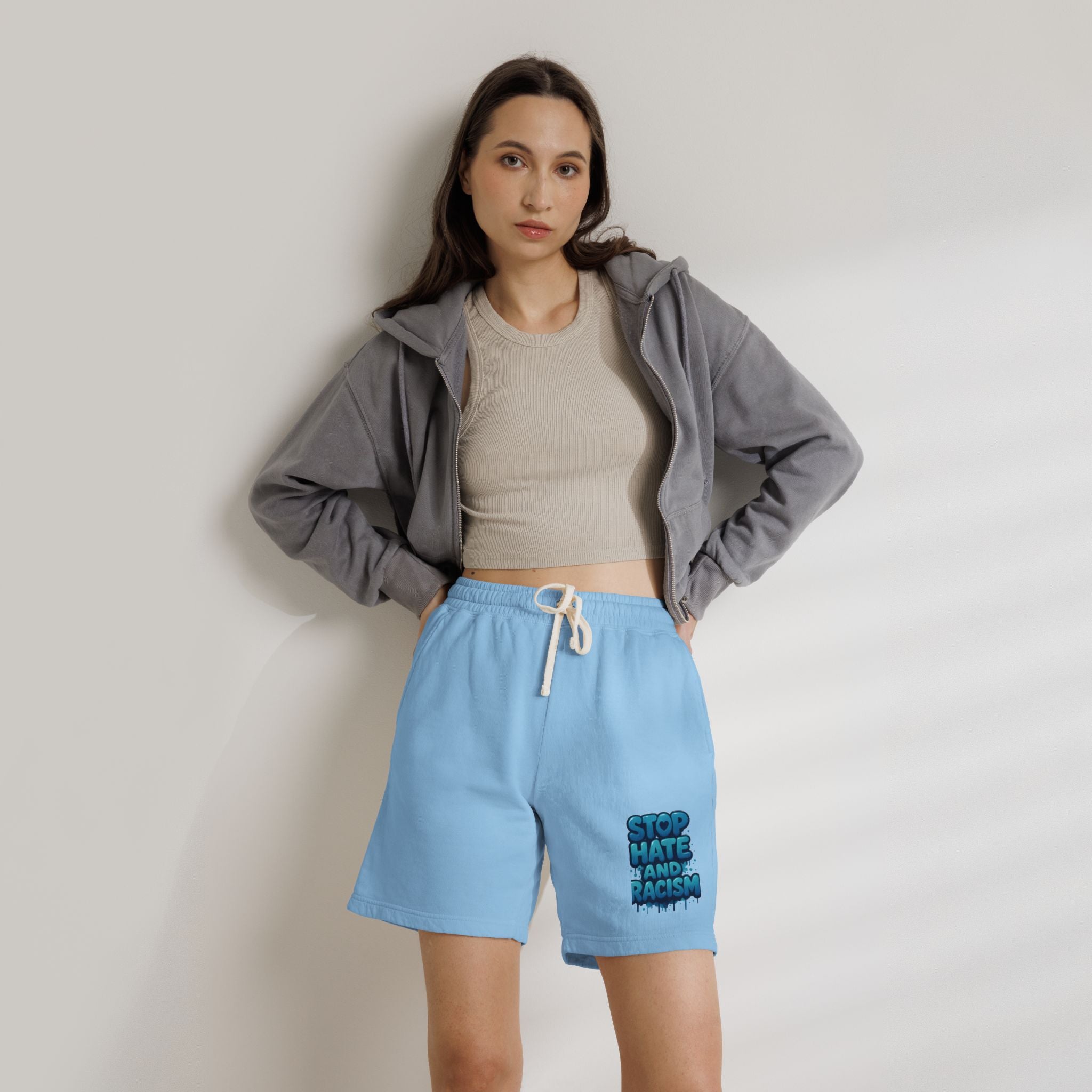 Stop Hate and Racism Fleece Sweat Shorts — Garment-Dyed Lightweight Lounge Shorts