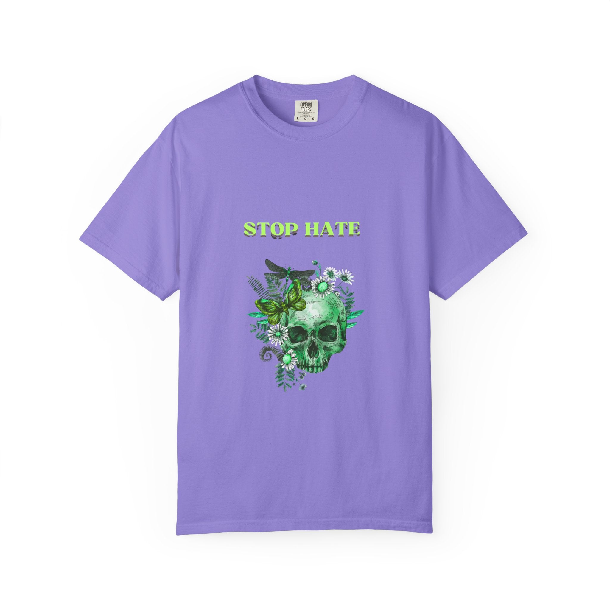 Stop Hate Skull T-Shirt — Green Floral Skull Graphic Tee