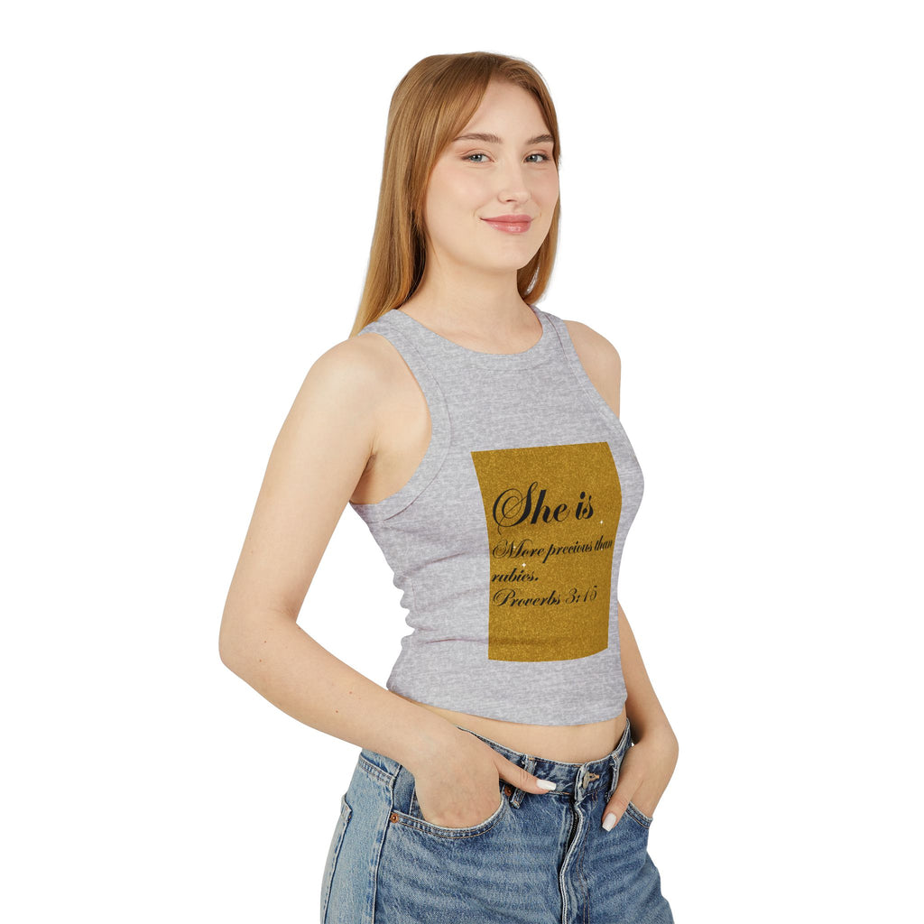 Women's Racer Tank Top — "She is More Precious than Rubies" Proverbs 3:15 Scripture Tank
