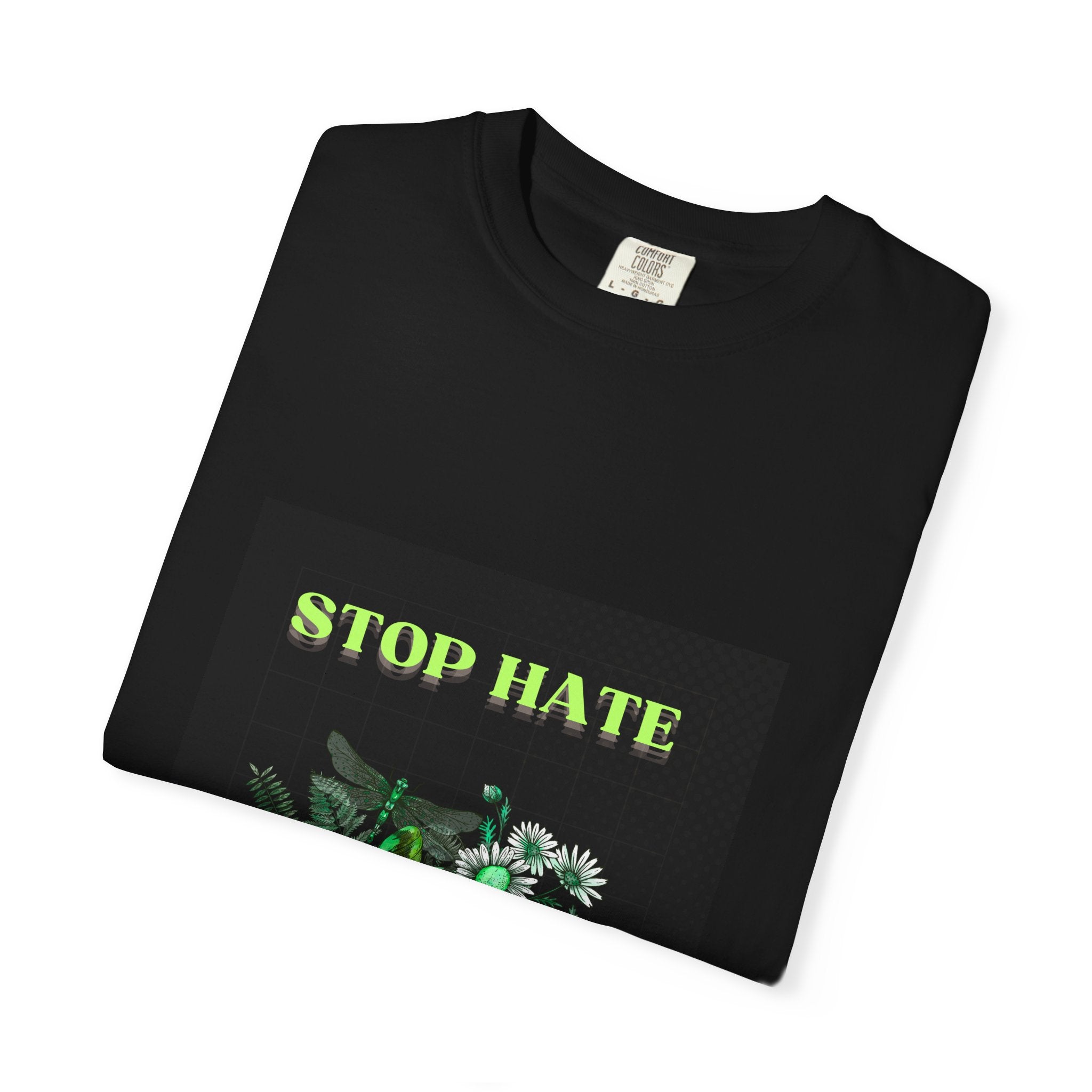 Stop Hate Skull T-Shirt — Green Floral Skull Graphic Tee