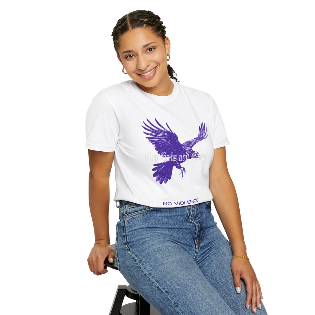 No Violence Raven T-Shirt — Purple Flying Crow Graphic Tee