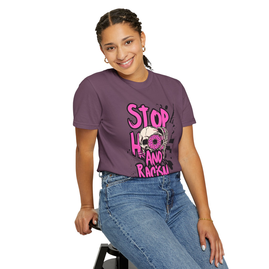 Stop H8 and Racism Graphic Tee — Anti-Racism Skull Donut Protest T-Shirt