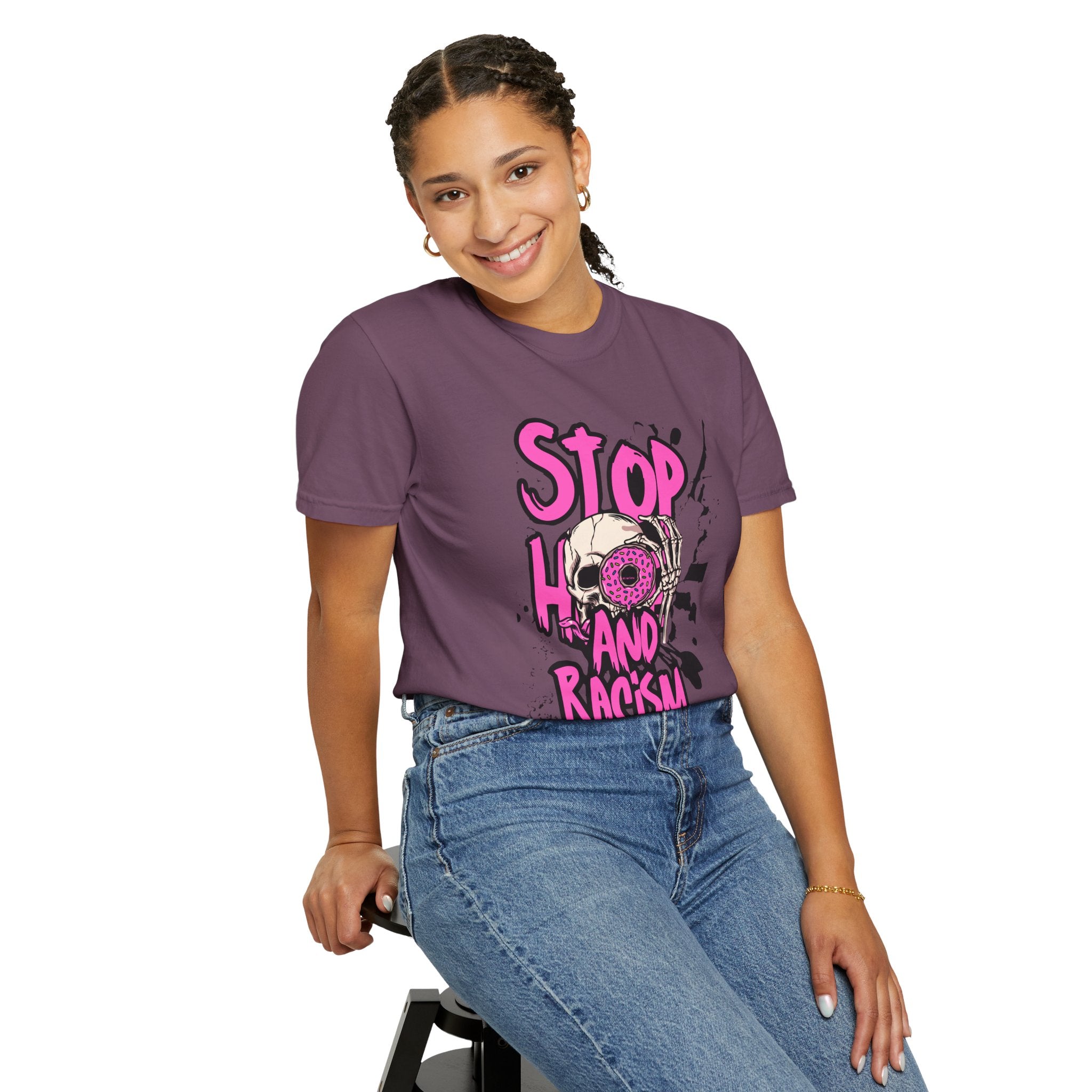 Stop H8 and Racism Graphic Tee — Anti-Racism Skull Donut Protest T-Shirt