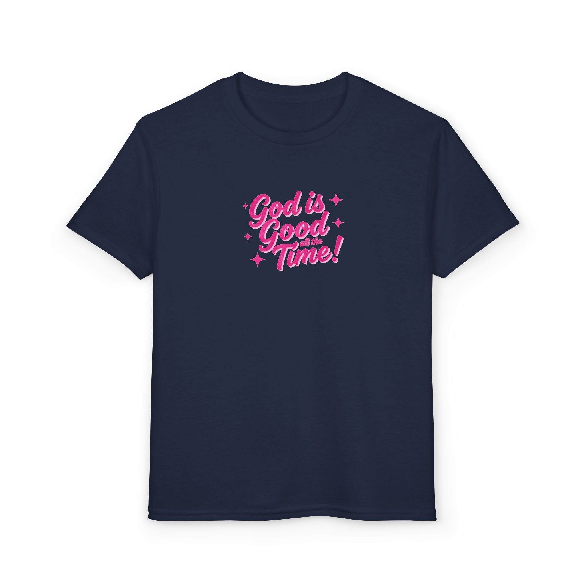 Youth T-Shirt — "God Is Good Time!" Pink Script Faith Tee