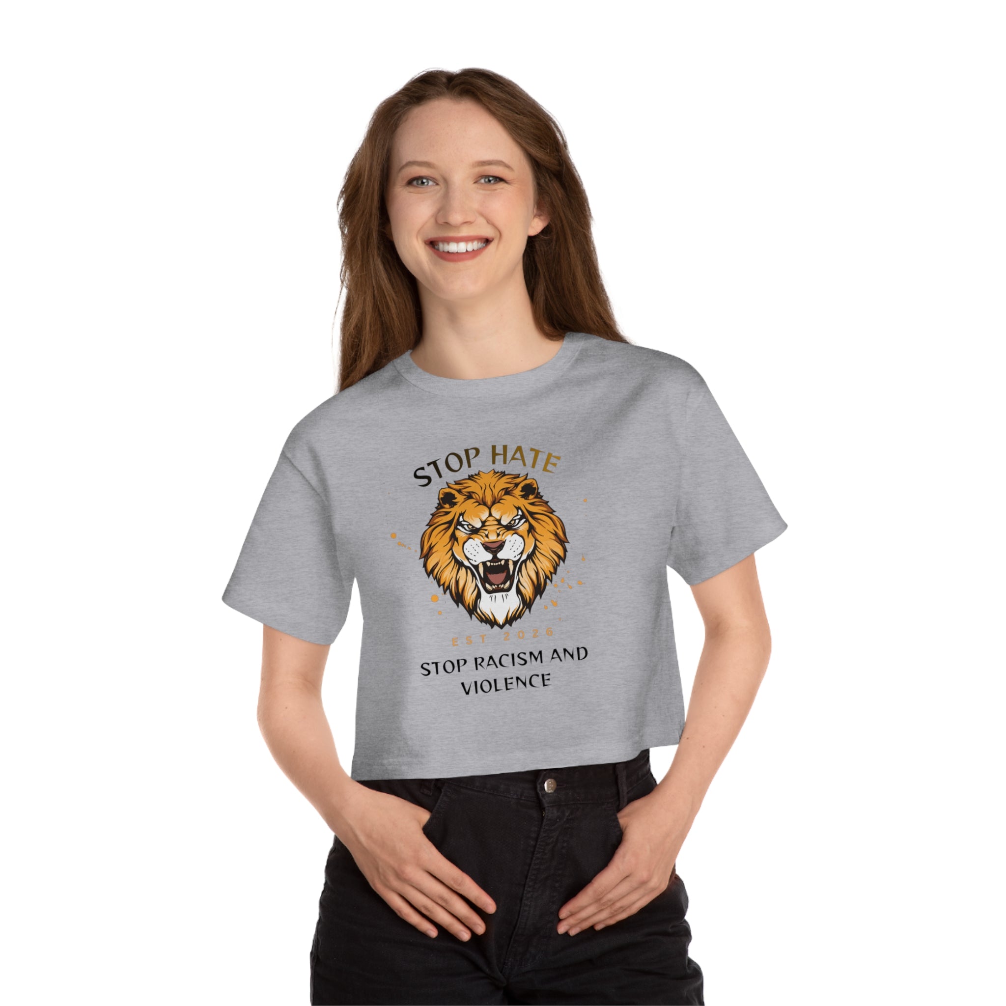 Stop Hate Lion Crop Tee — "Stop Racism and Violence" Graphic T‑Shirt