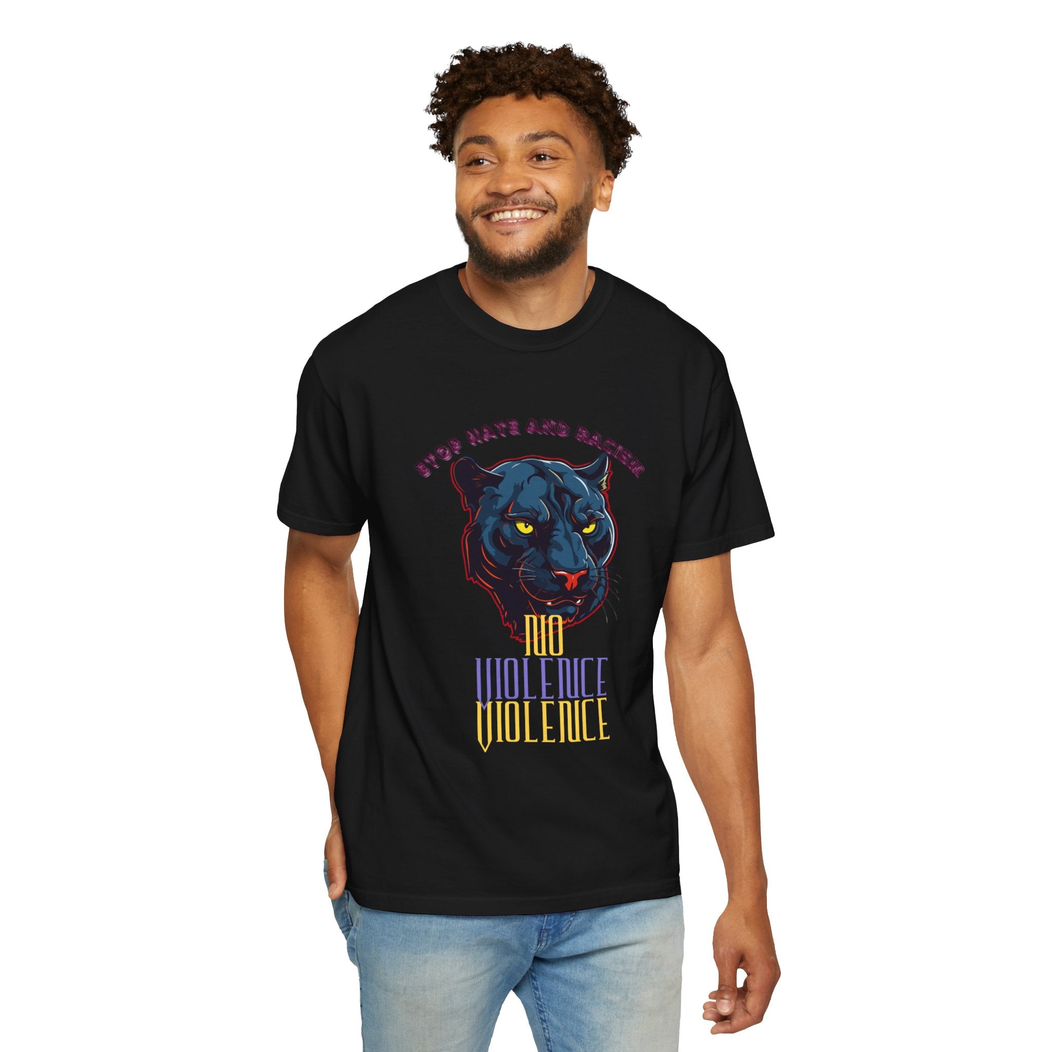 No Violence Panther T-Shirt — Graphic Animal Tee with 'No Violence' Text