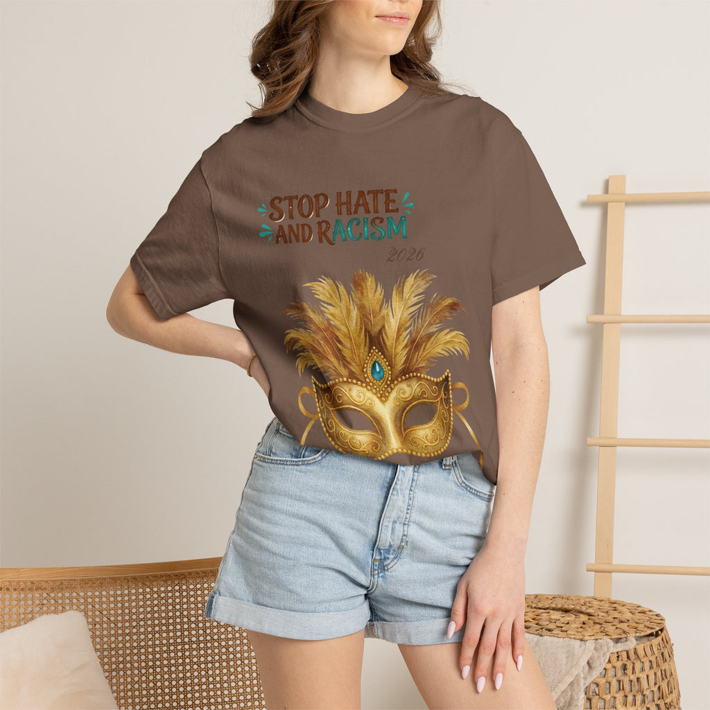 Stop Hate and Racism T-Shirt — Mardi Gras Mask Anti-Racism Tee