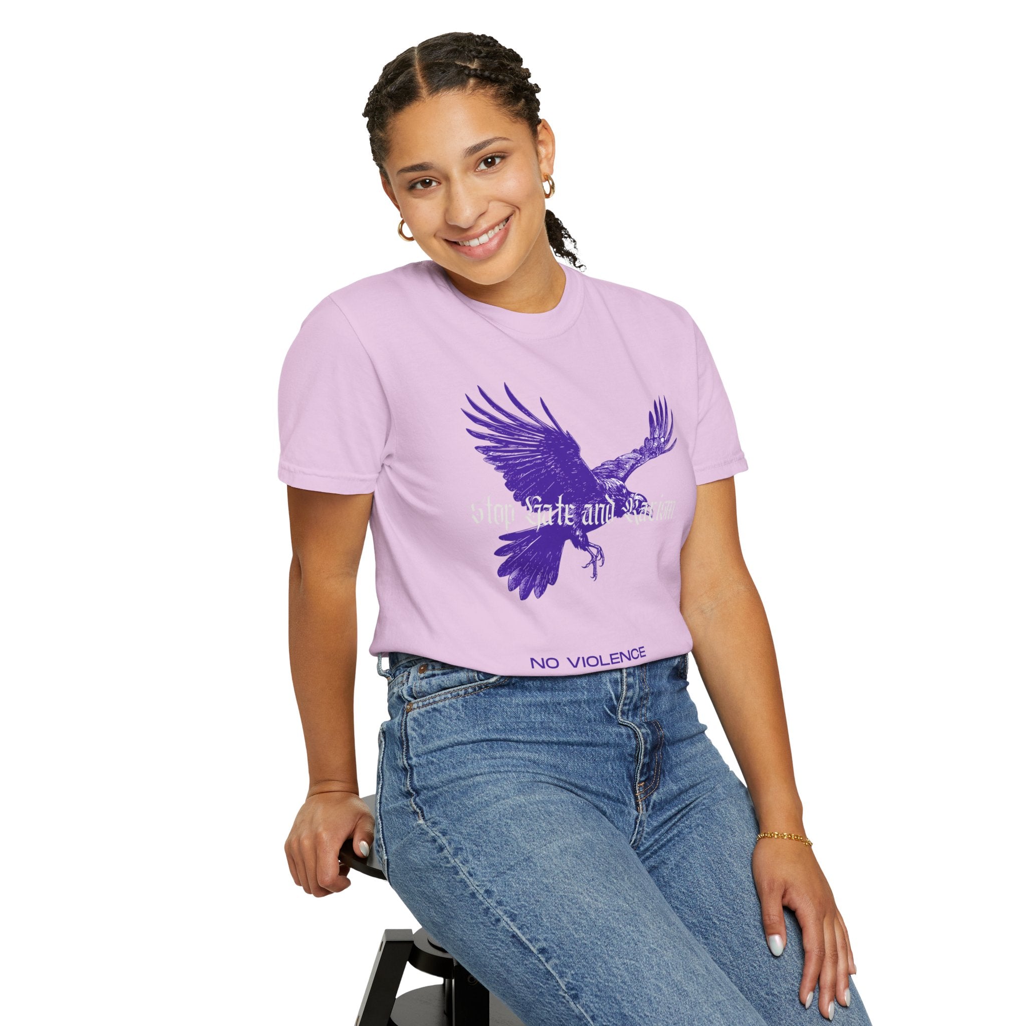 No Violence Raven T-Shirt — Purple Flying Crow Graphic Tee