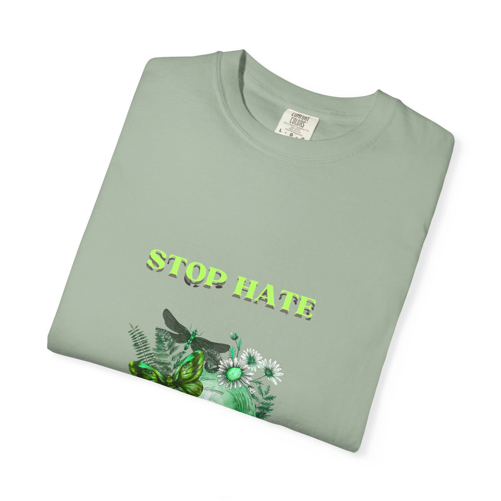 Stop Hate Skull T-Shirt — Green Floral Skull Graphic Tee