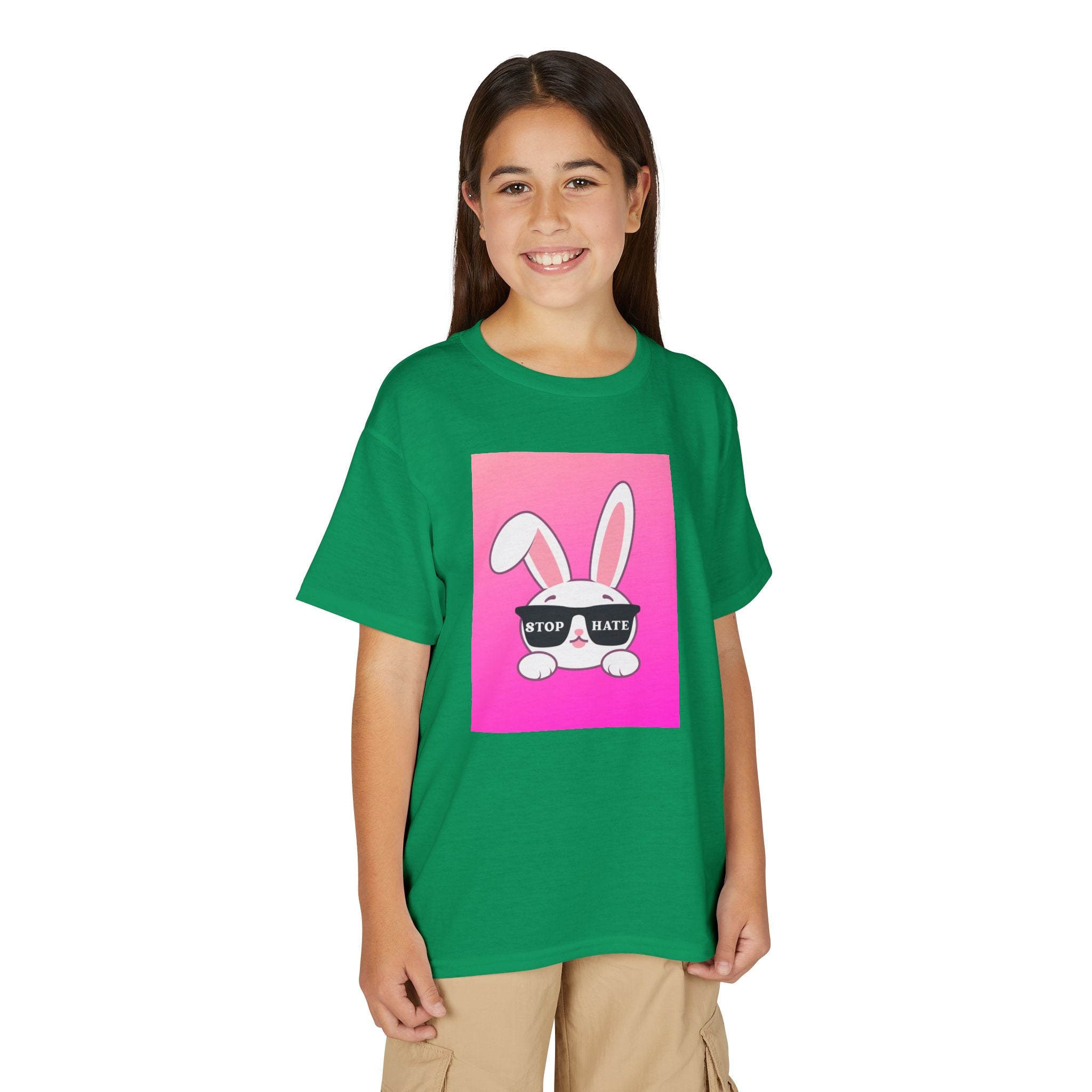 Youth T-Shirt — Pink Bunny "Stop Hate" Graphic