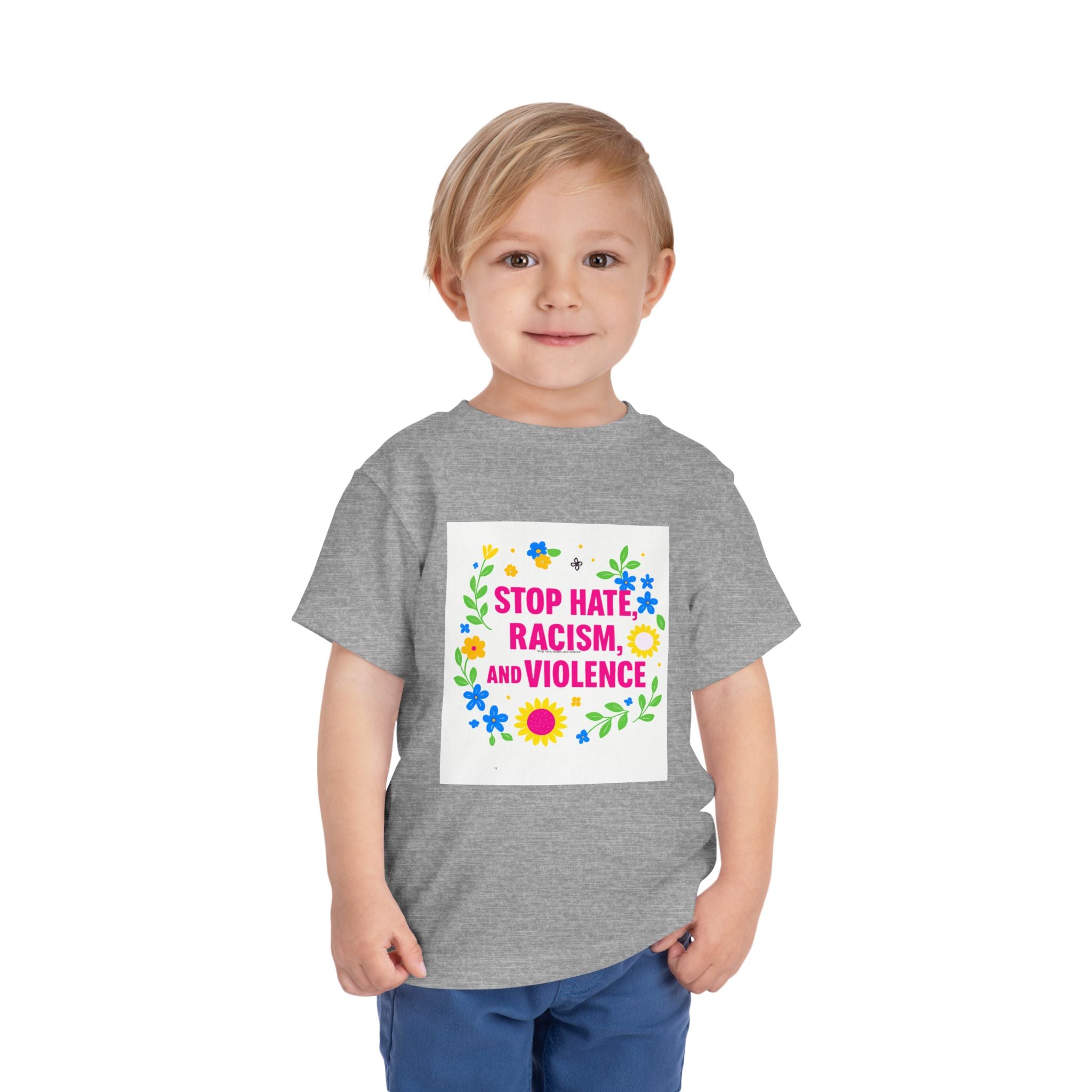 Toddler Tee — "Stop Hate, Racism, and Violence" Floral Anti-Racism Kids Shirt